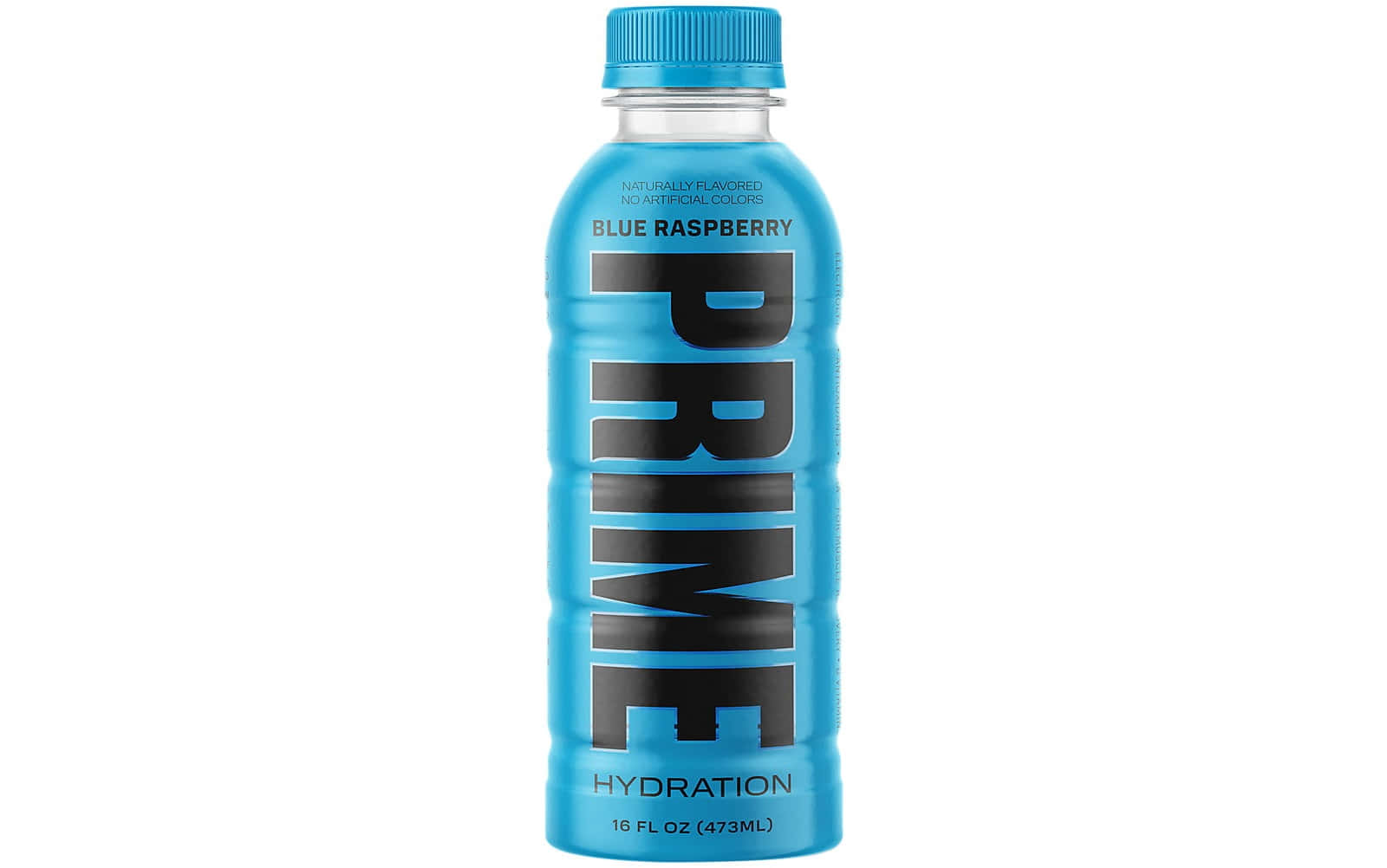  壁紙 — 一個充滿活力的藍色塑膠瓶 Prime Blue Raspberry 保濕飲料，孤立在純白色背景上。