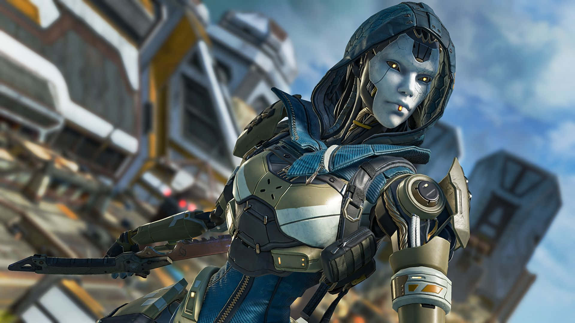 Apex Legends Season 11 桌布 壁紙 — 一個藍皮膚的外星戰士穿著未來風格的盔甲，在宏偉的科幻建築背景下手持武器蓄勢待發。