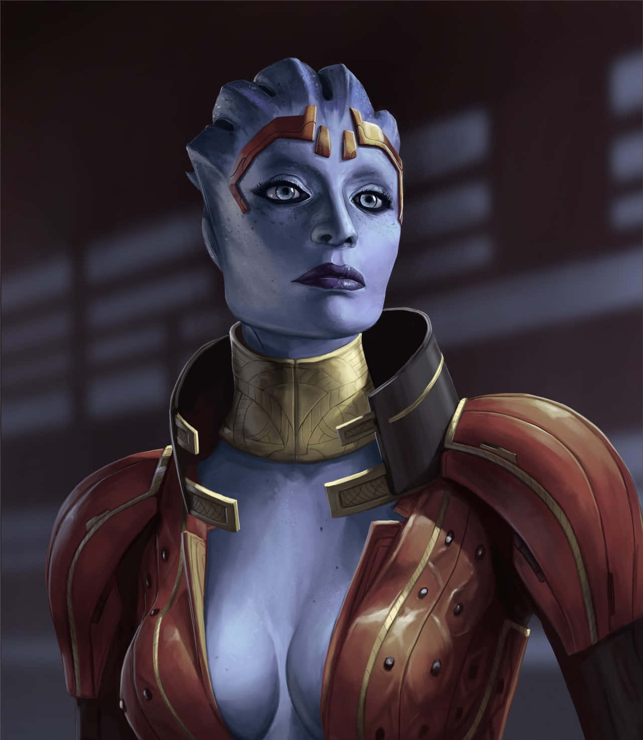 Mass Effect Samara 桌布 壁紙 — 一位藍皮膚的外星女性身穿紅金盔甲，在昏暗背景下以銳利的眼神凝視。