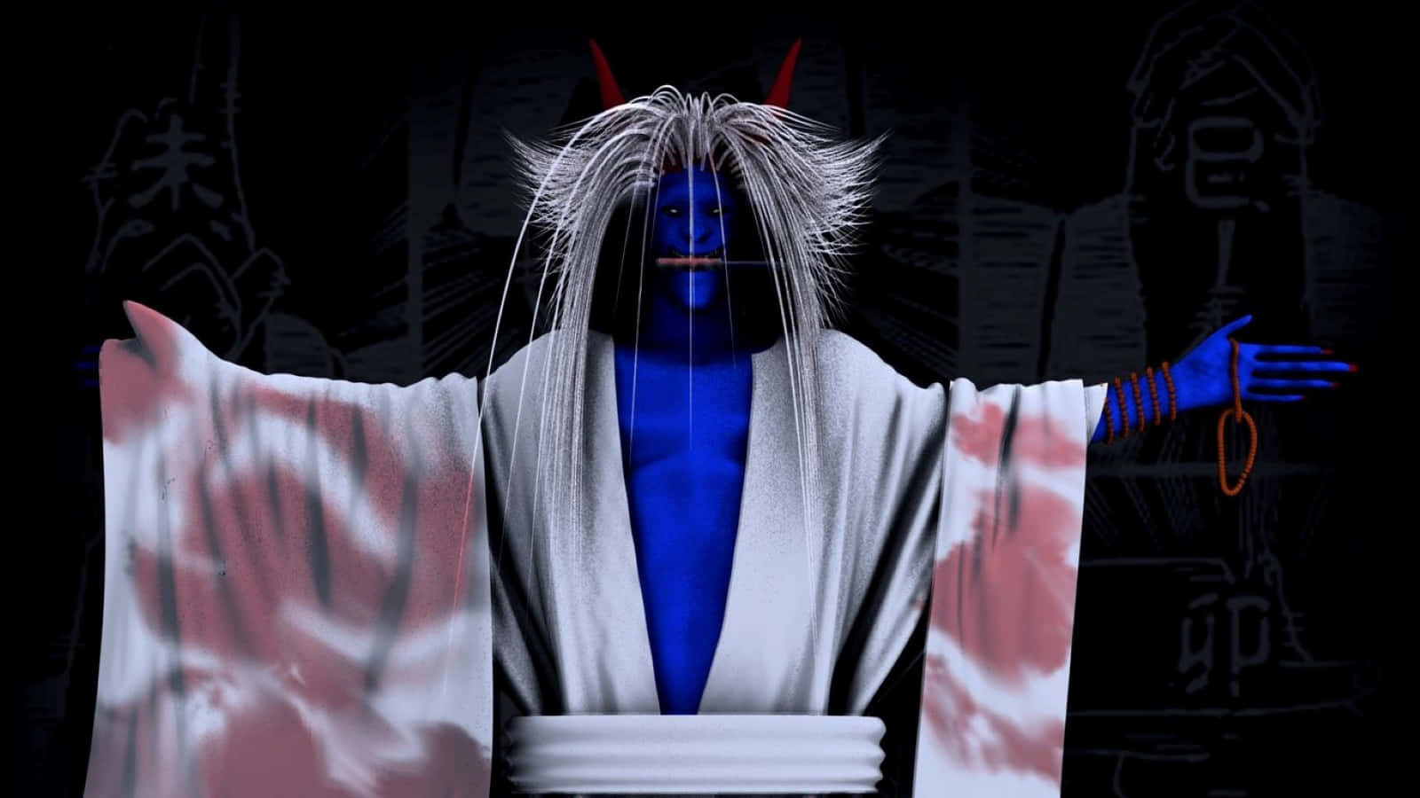 Reaper Death Seal 桌布 壁紙 — 一個藍皮膚的惡魔般的人物，白髮紅角，身穿白袍，站在有日文字符的黑暗背景前。