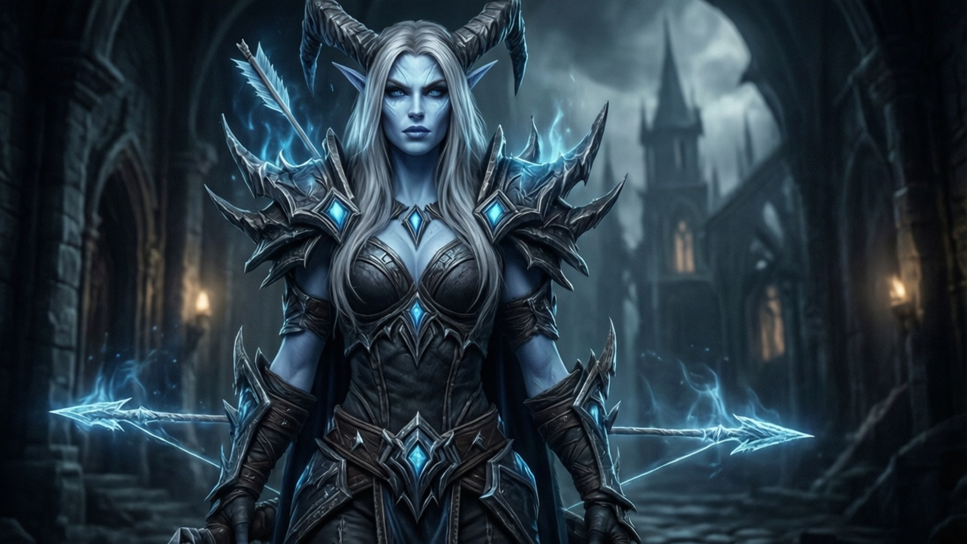 Banshee Queen's Domain 壁紙 — 一個藍皮膚、有角、身穿發光藍色盔甲的精靈戰士站在哥德式大教堂中，手持發光的箭矢。