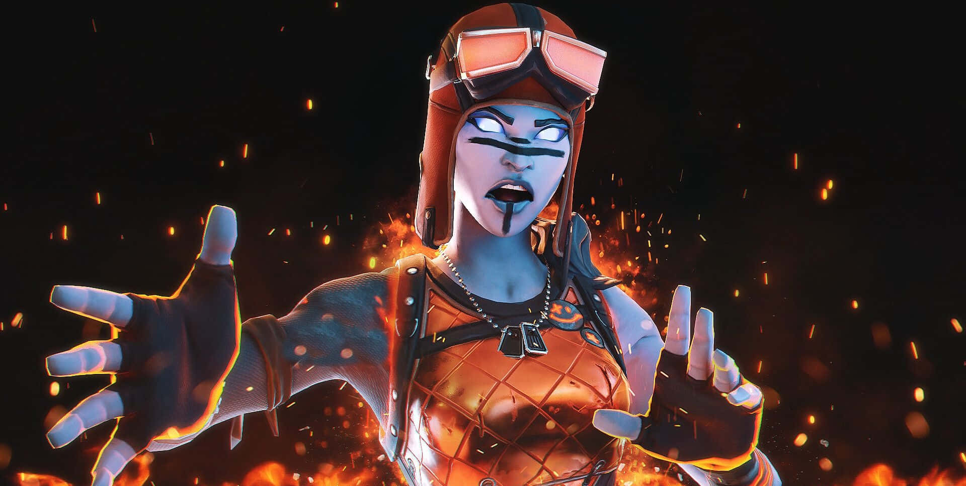 藍皮膚的角色穿著火熱裝備，眼睛發光，火花在她周圍飛舞。 — Fortnite 壁紙