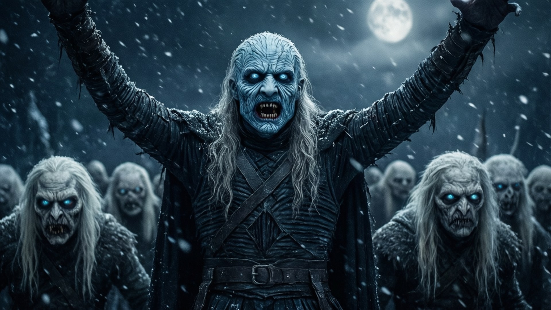 Night King's March 壁紙 — 藍皮膚冰怪獸發光眼睛舉起手臂，在雪夜中，不死追隨者站在身後，滿月之下。