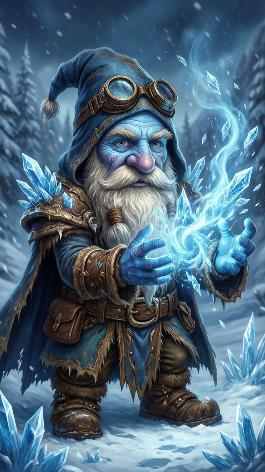 魔獸世界經典版 桌布 壁紙 — 一位藍皮膚的冰法師在雪地森林中，戴著蒸氣龐克護目鏡和毛皮襯裡斗篷，召喚出發光的晶體。