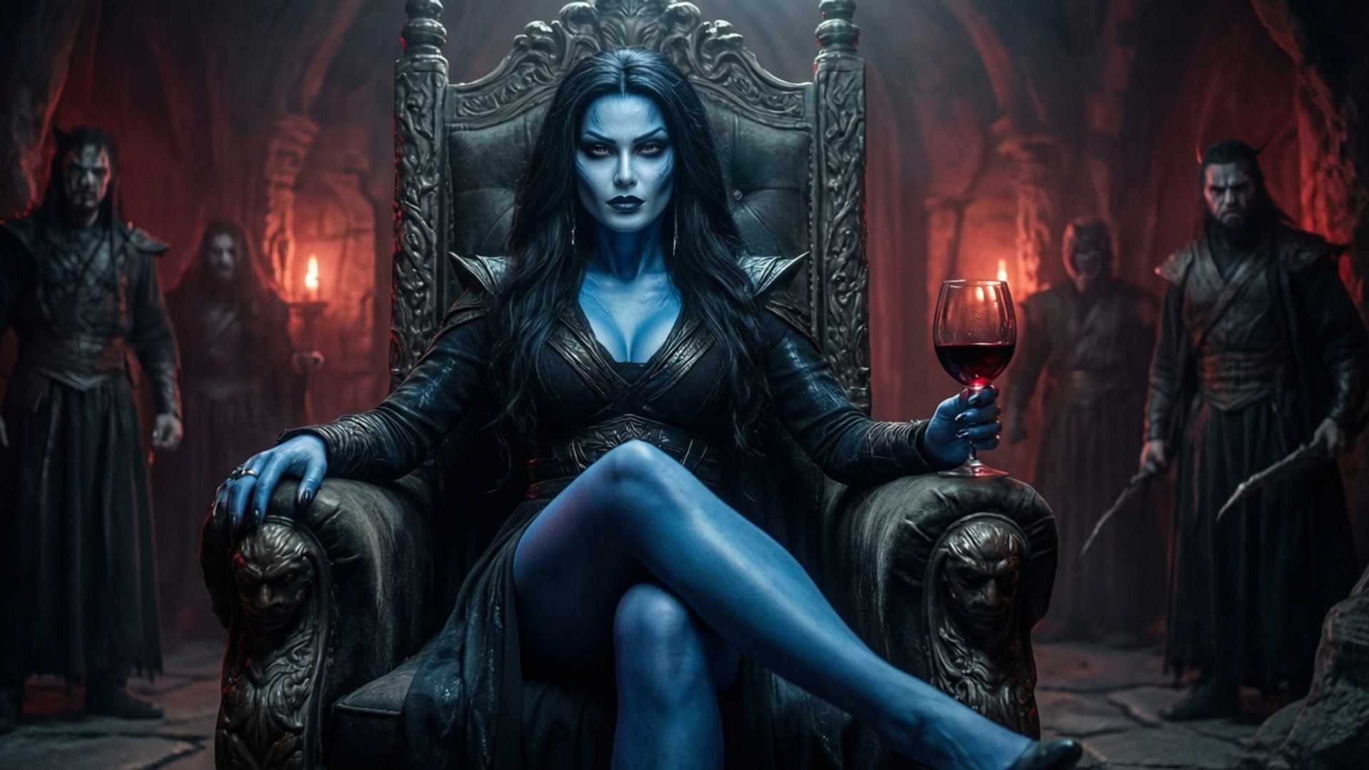 Queen of Shadows 壁紙 — 一位藍皮膚的皇后，長長的黑髮，華麗地坐在裝飾華麗的王座上，手持一杯紅酒，周圍是身穿鎧甲的衛兵，在一個光線昏暗的洞穴式大廳中。