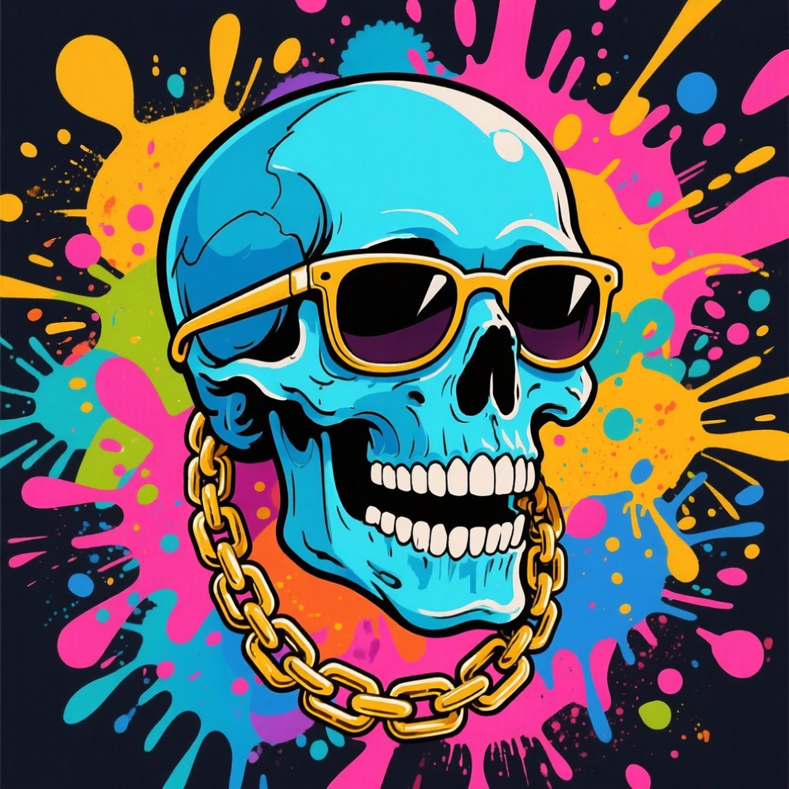 Street Skull Cool 壁紙 — 一個充滿活力的藍色骷髏頭，戴著黃色太陽眼鏡和一條金鏈，背景是色彩繽紛的油漆飛濺。
