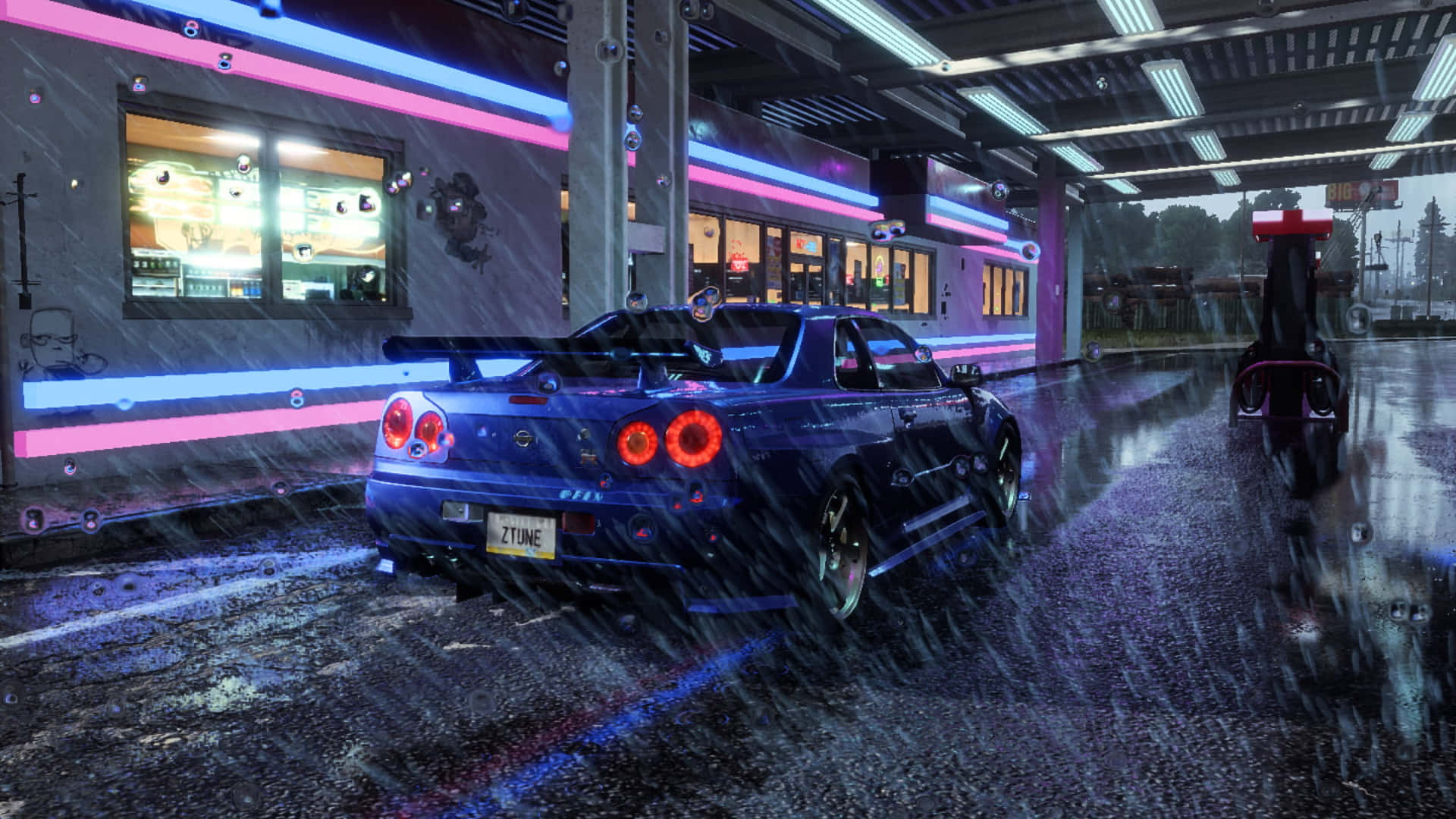 藍色跑車在夜間穿過雨水浸濕的霓虹燈城市街道。 — 日產 Skyline GTR R34 壁紙