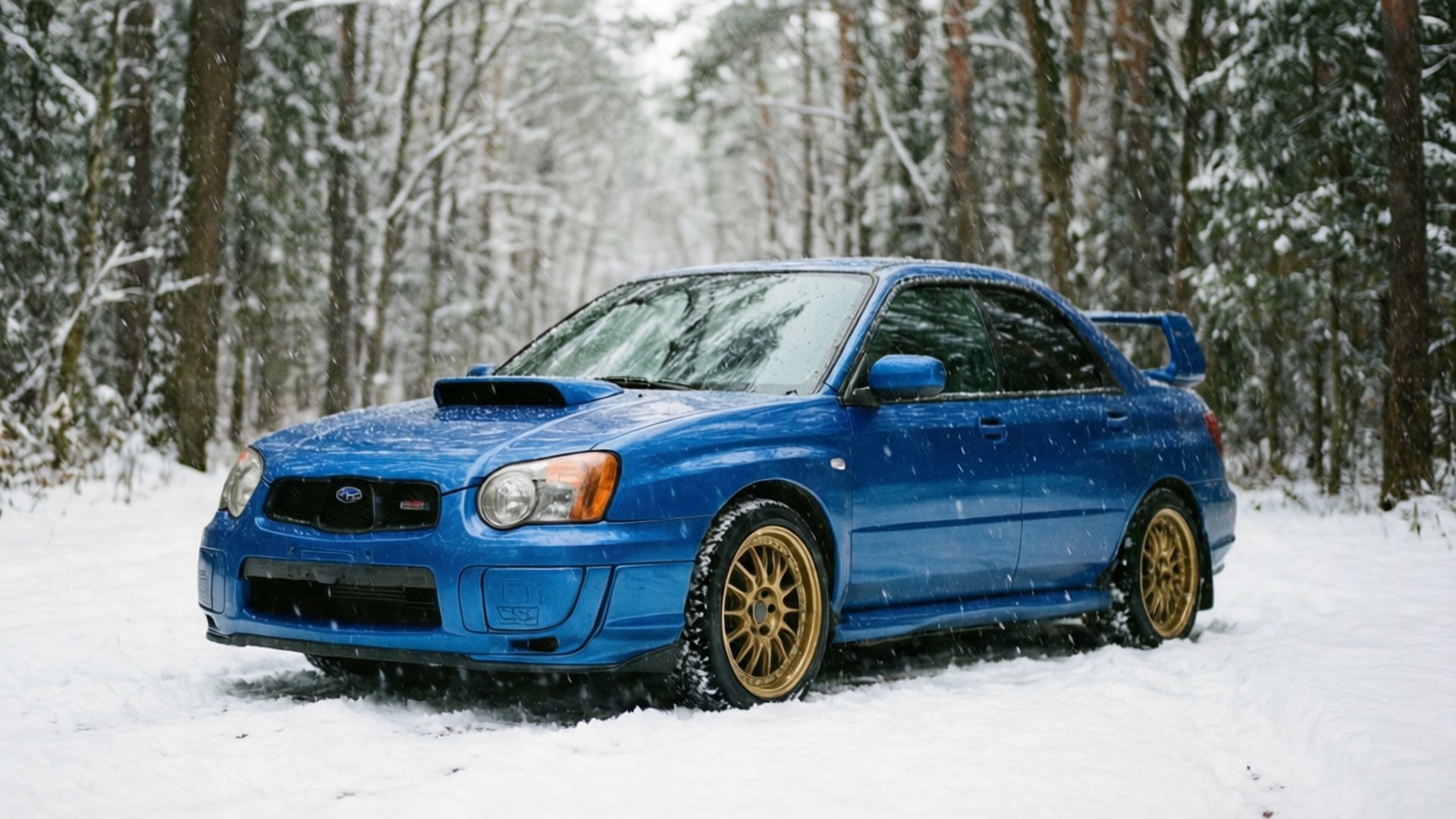 藍色Subaru WRX STI配金色輪圈停泊在積雪森林中，正值下雪 — Jdm 壁紙