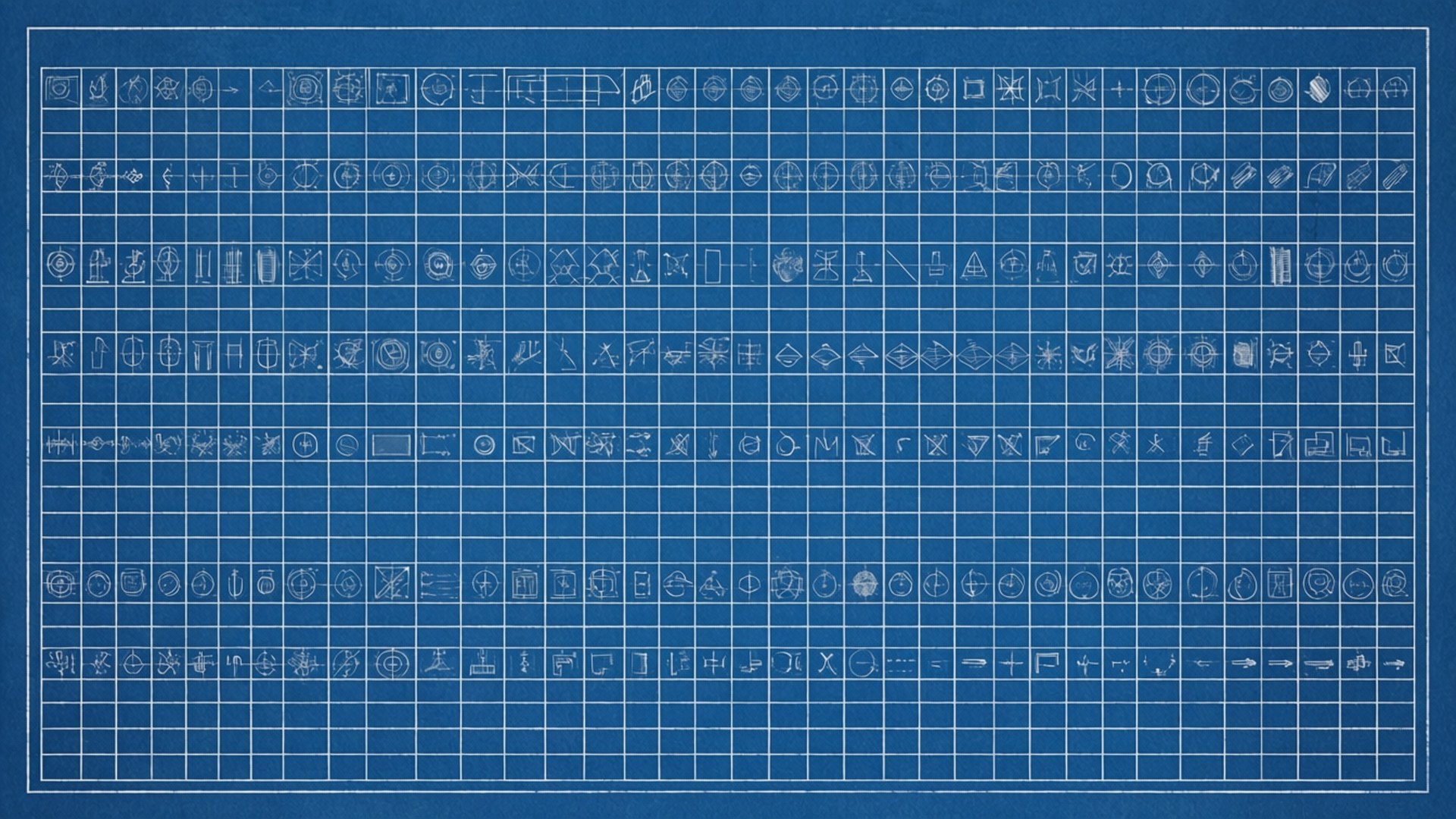 Spreadsheet 桌布 壁紙 — 藍色技術藍圖網格，充滿精確的白色幾何符號和圖標，排列整齊。