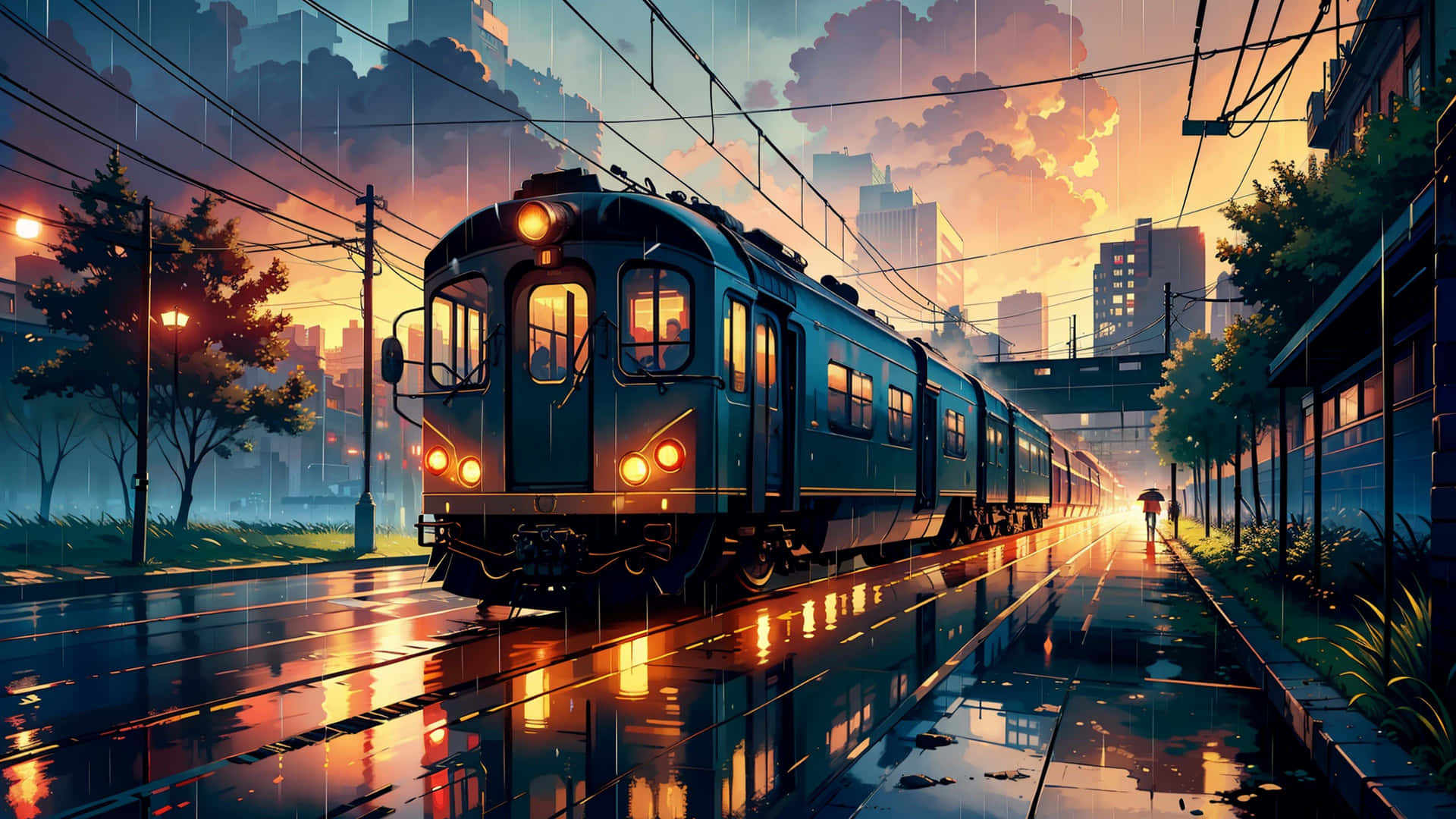  壁紙 — 一列藍色火車在日落時分的雨中城市景觀中滑行，溫暖的燈光反射在濕漉漉的街道上，附近有一個孤獨的身影在行走。
