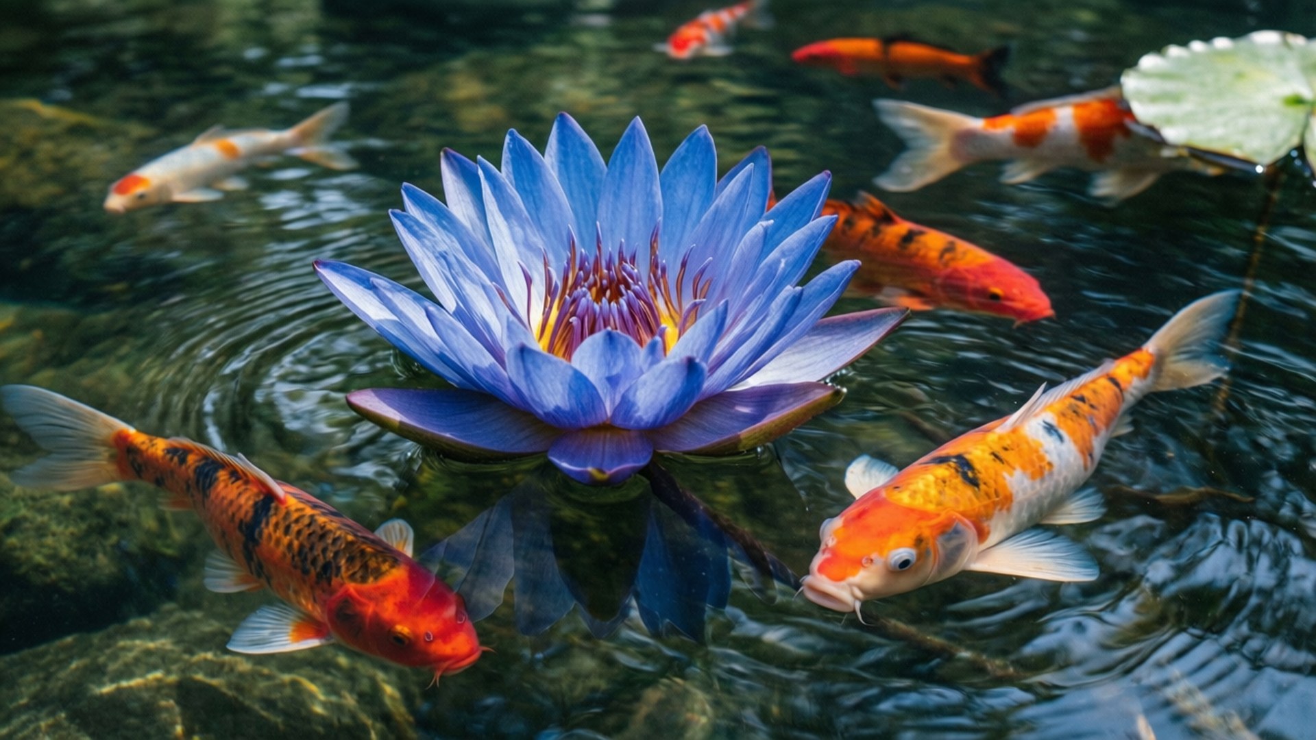 Koi and Lily 壁紙 — 一朵鮮豔的藍色睡蓮在清澈的池塘水中盛開，周圍有色彩繽紛的錦鯉優雅地游動。