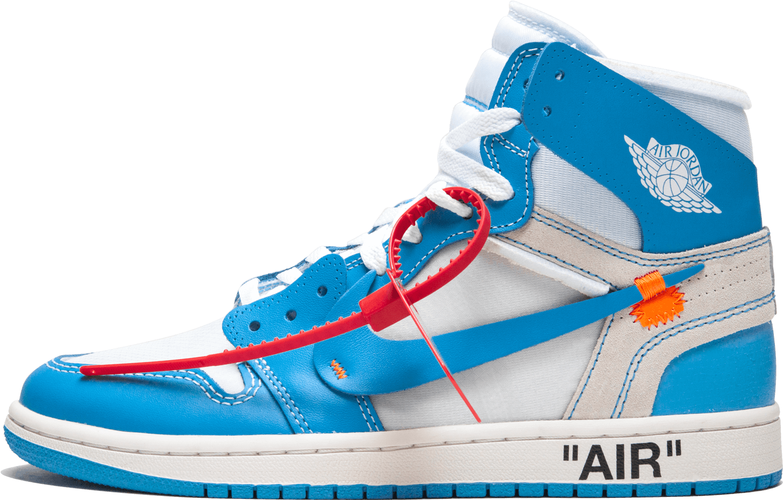 藍、白、紅色高筒運動鞋，帶有醒目品牌標誌和紅色搭帶。 — Air Jordan 壁紙