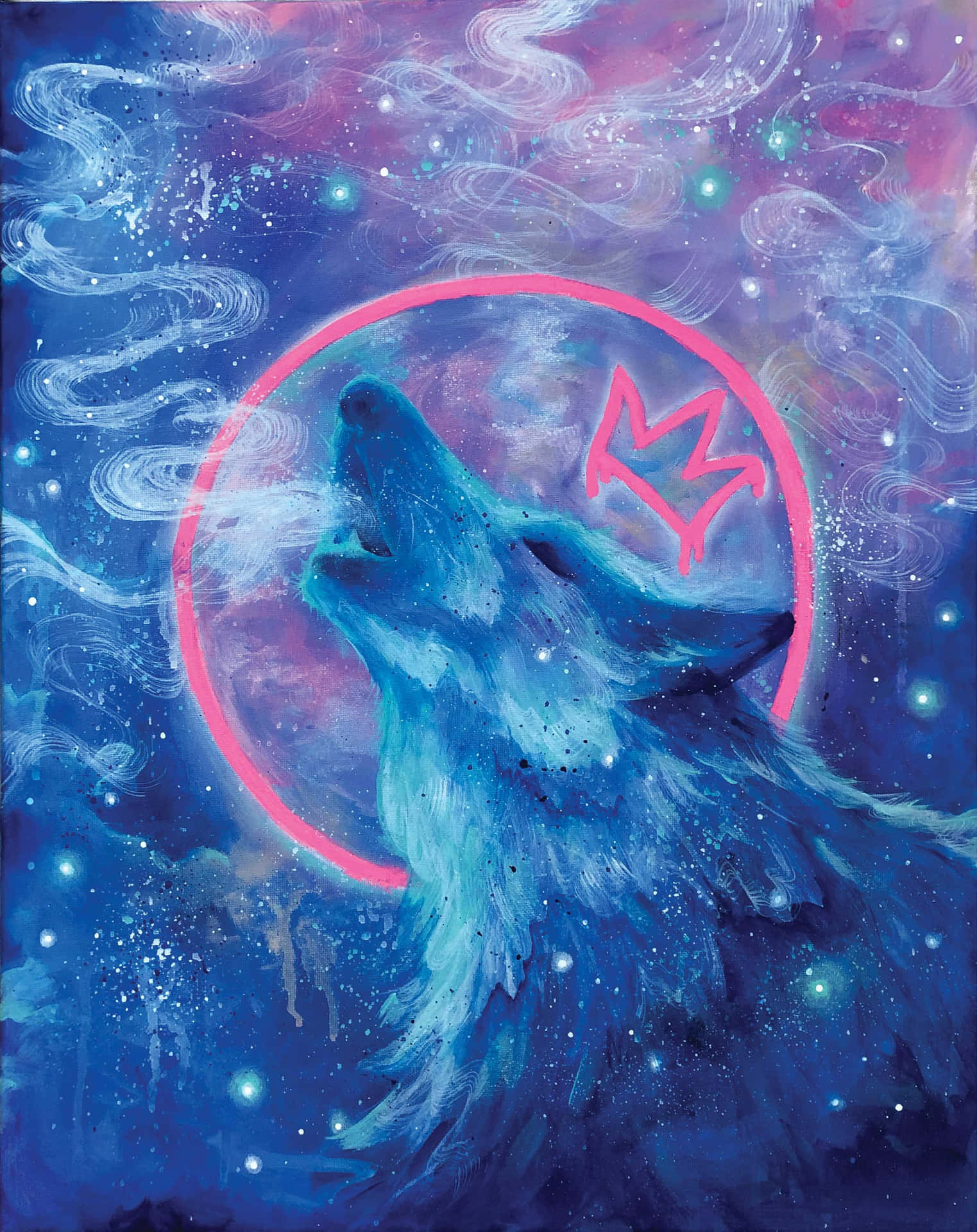  壁紙 — 一隻藍色狼在宇宙背景下嚎叫，背景有旋轉星雲和一個帶有皇冠符號的發光粉紅色環。