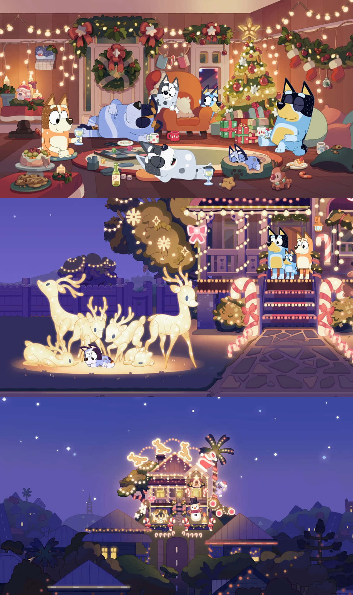  壁紙 — Bluey 與家人以節日燈飾、禮物和馴鹿在溫馨的動畫節日場景中慶祝聖誕節。