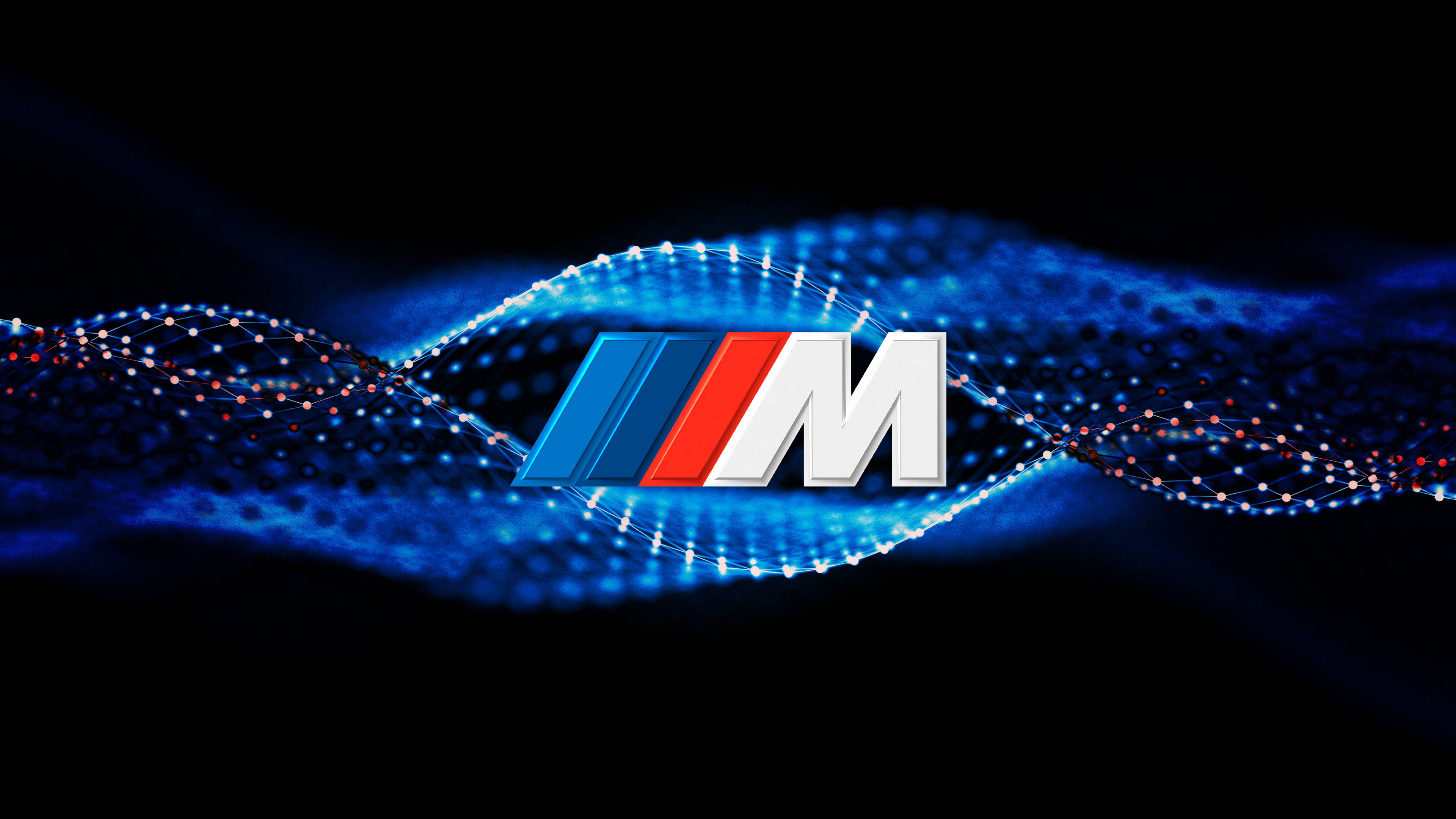 標誌 桌布 壁紙 — BMW M 標誌在深色背景上以藍、紅、白條紋發光，並伴隨流動的數位粒子波。