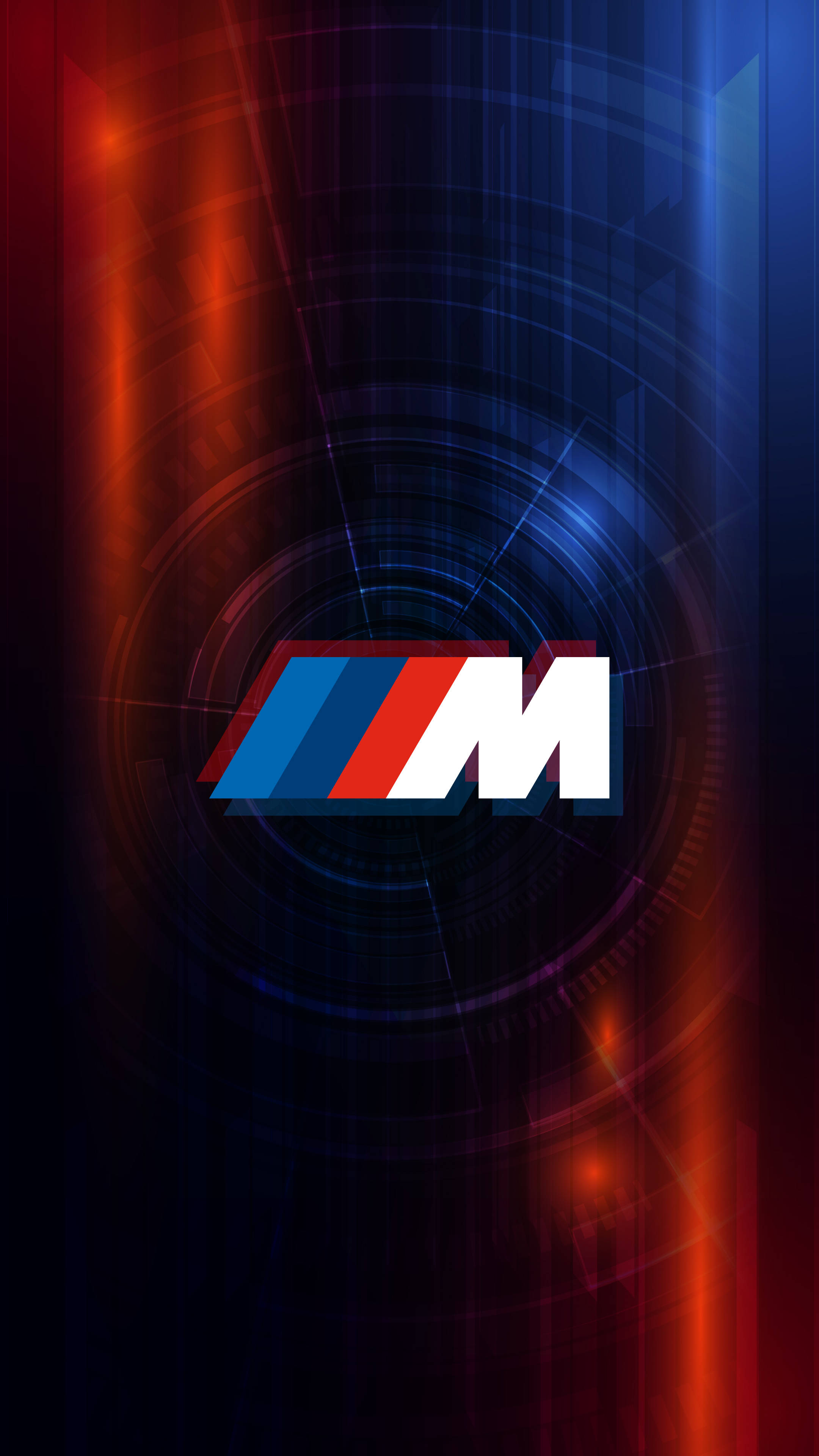 BMW 動圖 桌布 壁紙 — BMW M 標誌居中於動態抽象背景上，帶有發光的紅色和藍色徑向光條紋及同心圓。