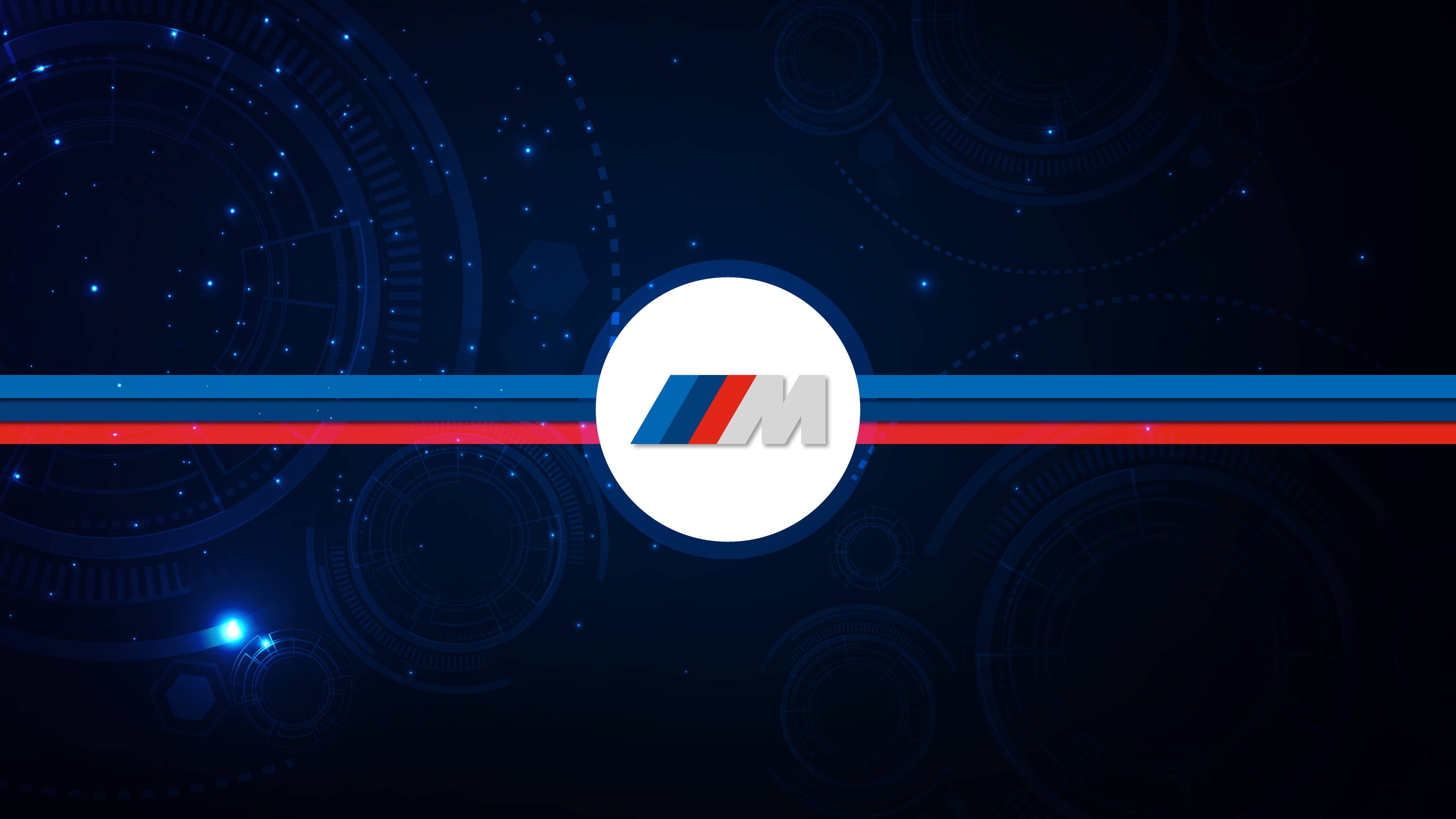 標誌 桌布 壁紙 — BMW M 標誌居中於深藍色數位介面，帶有發光圓形圖案和紅藍條紋。