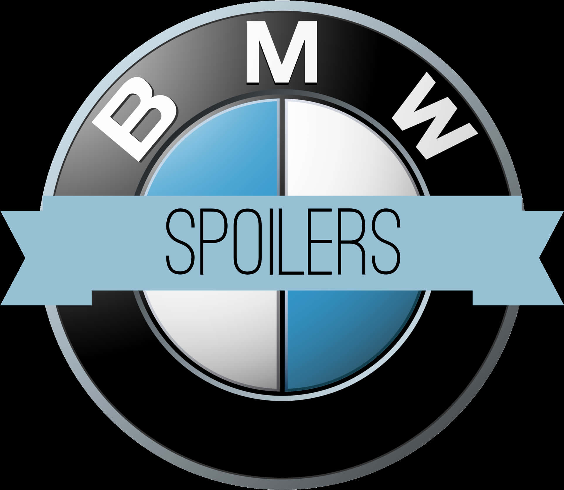 BMW 動圖 桌布 壁紙 — BMW 標誌，中間有一條藍色橫幅，上面寫著 spoilers，背景為黑色。