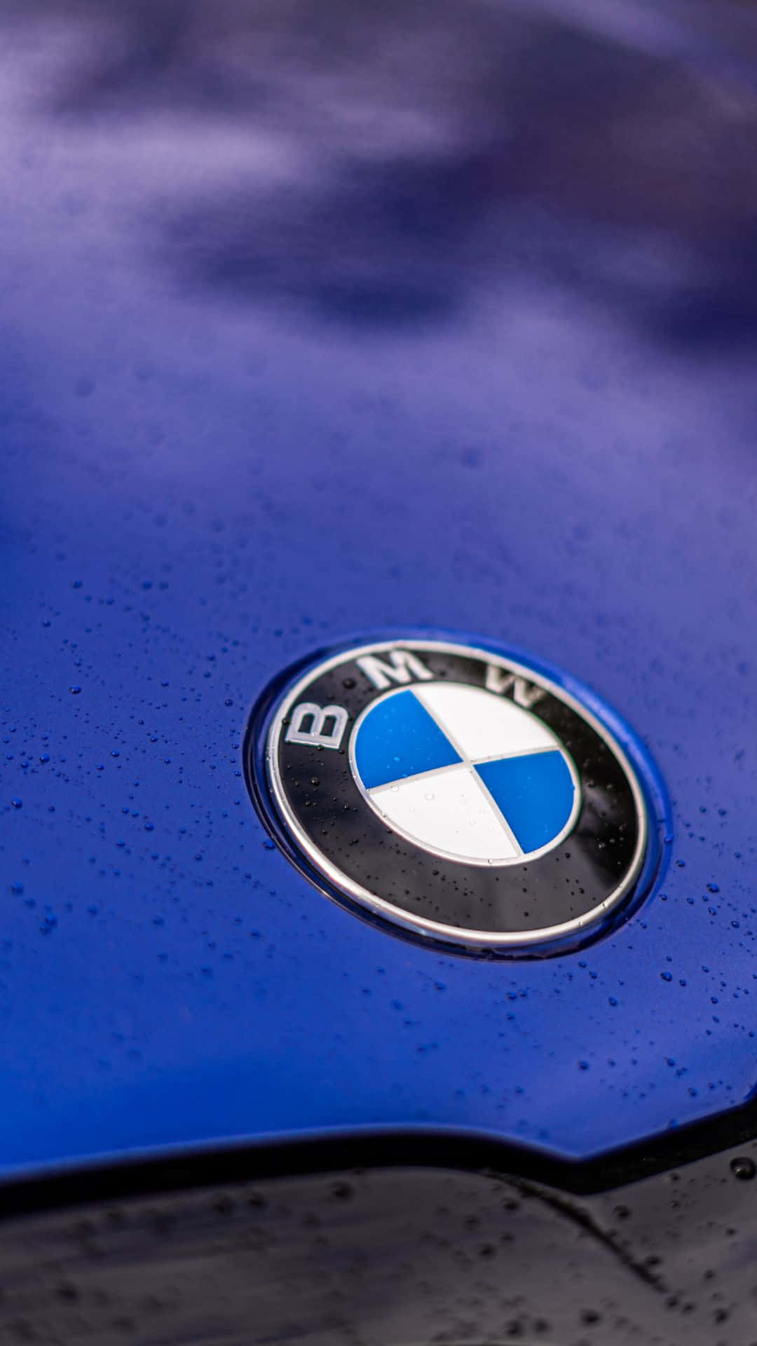 Android Bmw 桌布 壁紙 — BMW 標誌特寫，位於亮面藍色引擎蓋上，在柔和光線下佈滿雨滴。