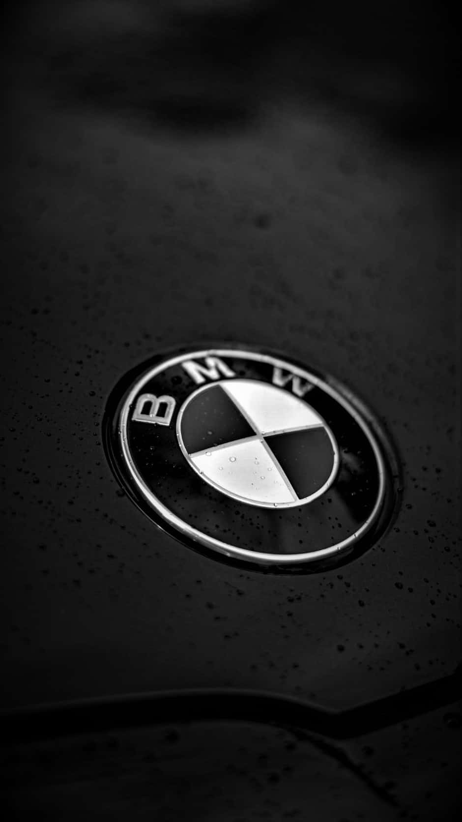 Android Bmw 桌布 壁紙 — BMW 標誌的特寫，位於濕透的黑色汽車引擎蓋上，雨滴在柔和光線下閃閃發光。