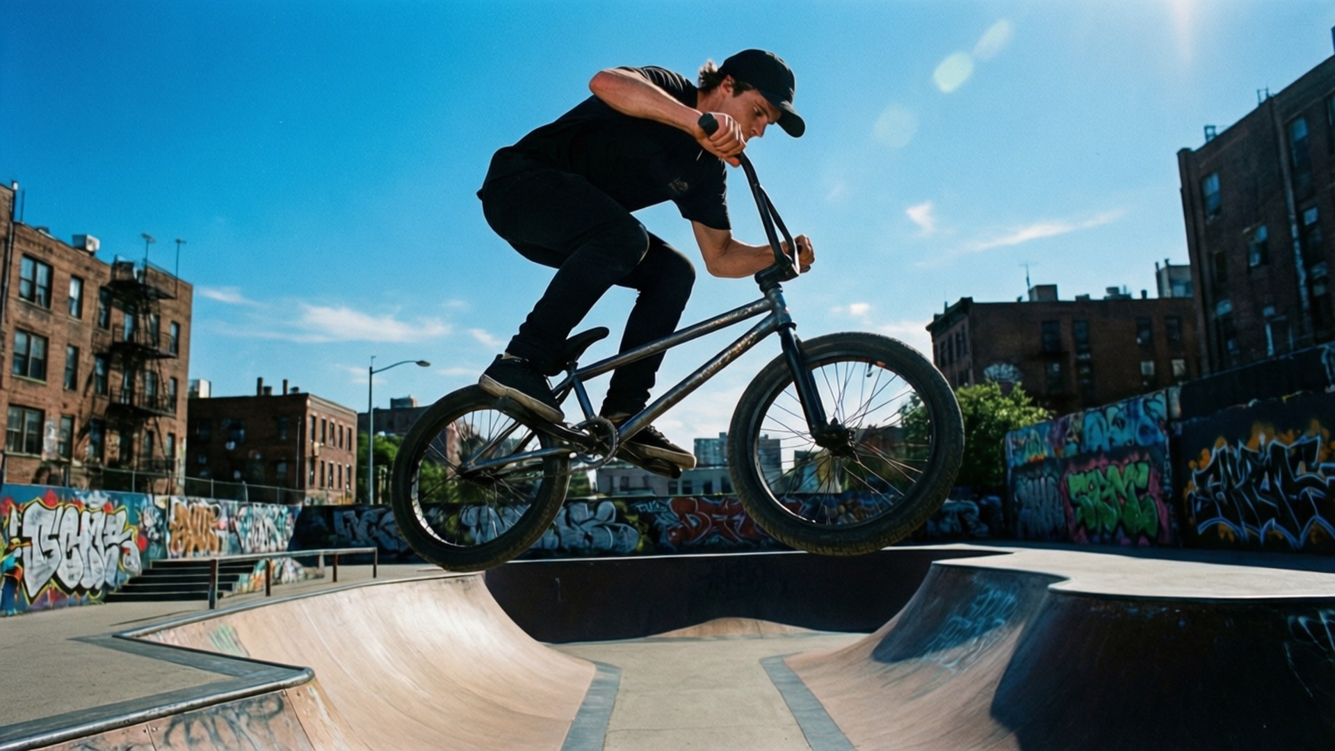 Urban Aerial 壁紙 — 一名身穿黑色裝備的bmx車手在明亮的藍天下，於混凝土滑板公園的坡道上騰空飛翔，背景有塗鴉牆和磚建築。