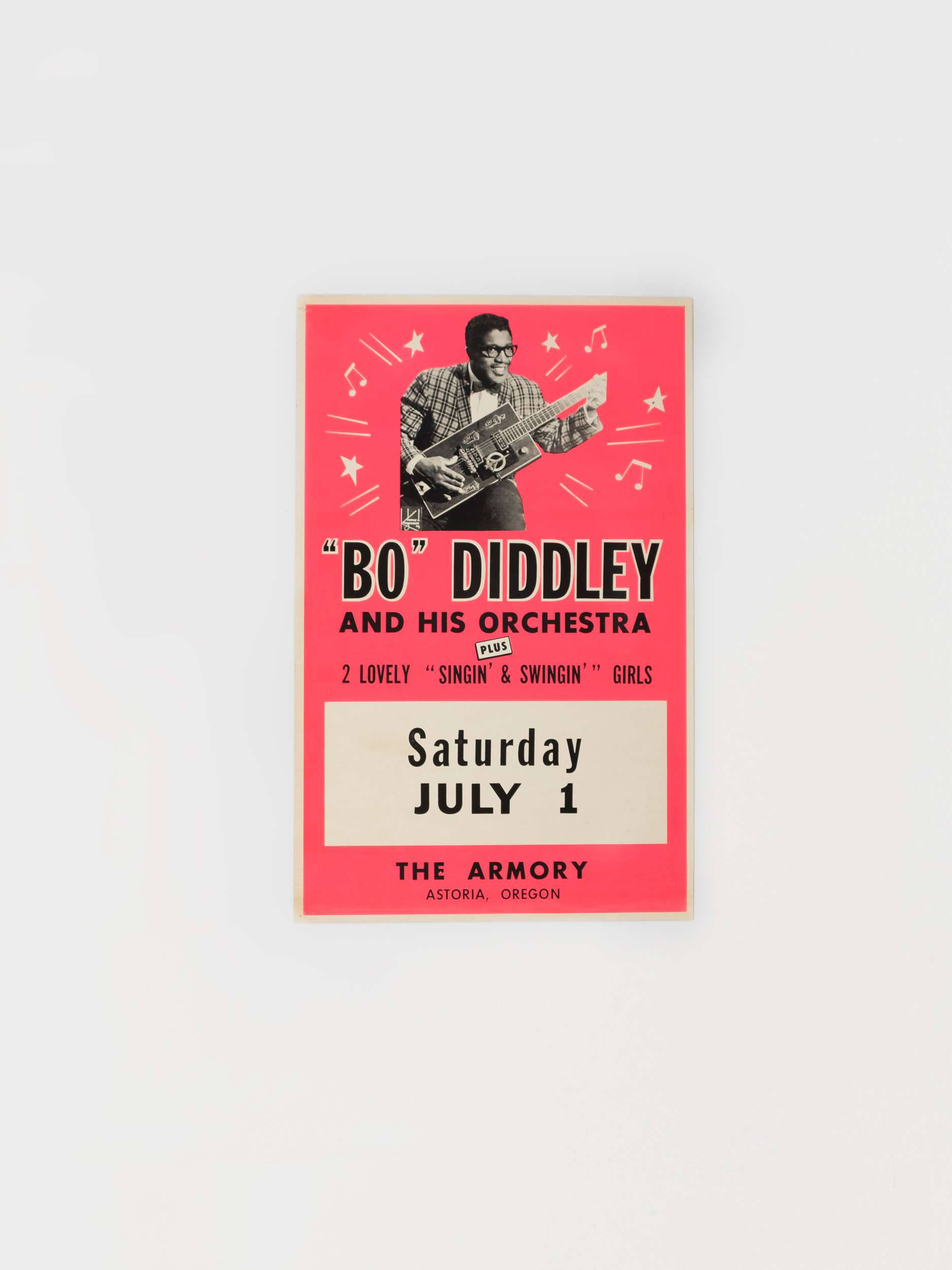 concert 桌布 壁紙 — Bo Diddley 及其樂團的復古粉紅色音樂會海報，特色是音樂家彈吉他的黑白照片，背景為亮粉紅色，帶有星星和音符。
