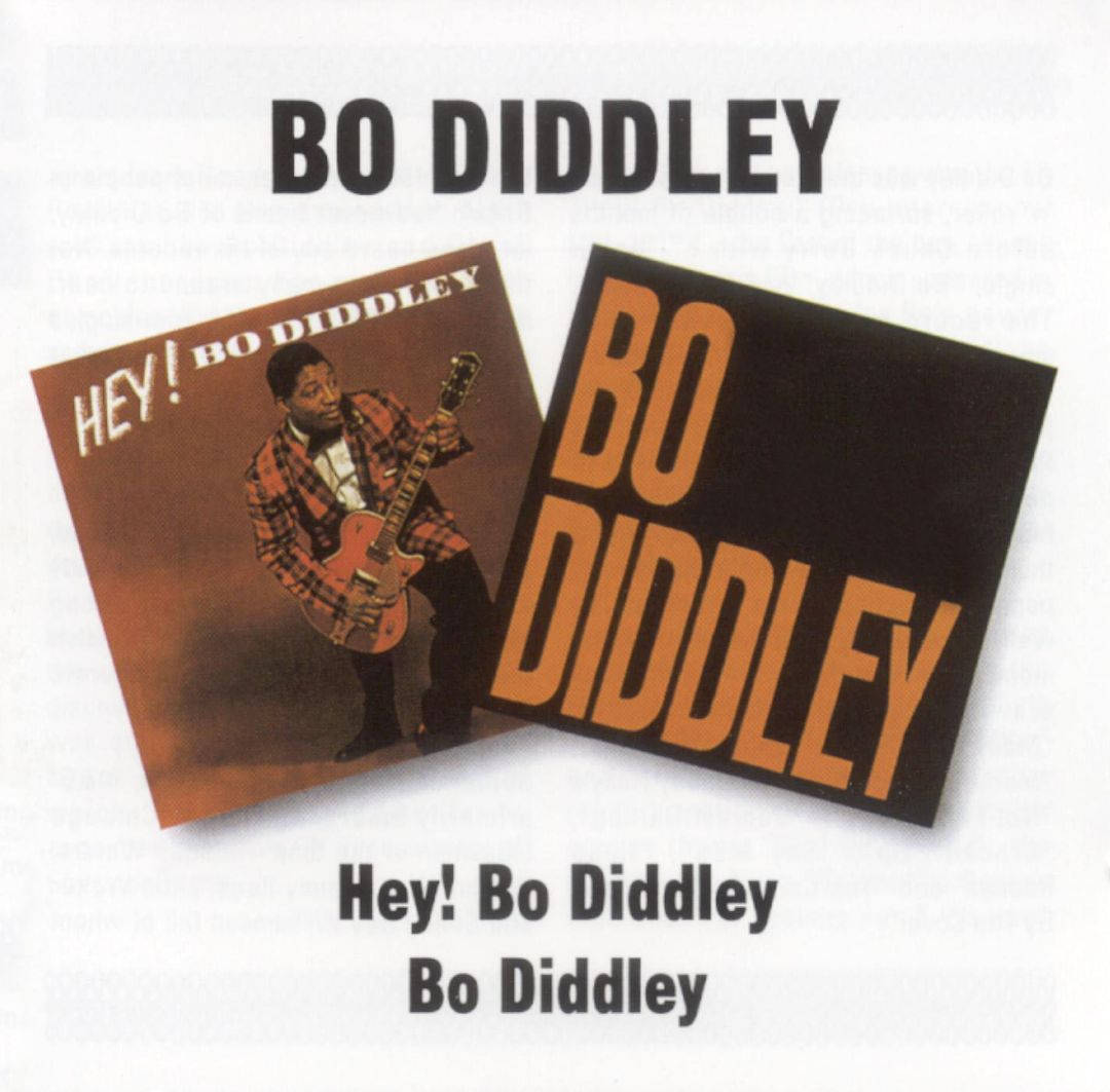 Album Cover 桌布 壁紙 — Bo Diddley 的專輯封面藝術， featuring 兩個傾斜的唱片封套，一個有他彈吉他的照片，另一個有粗體橙色文字。