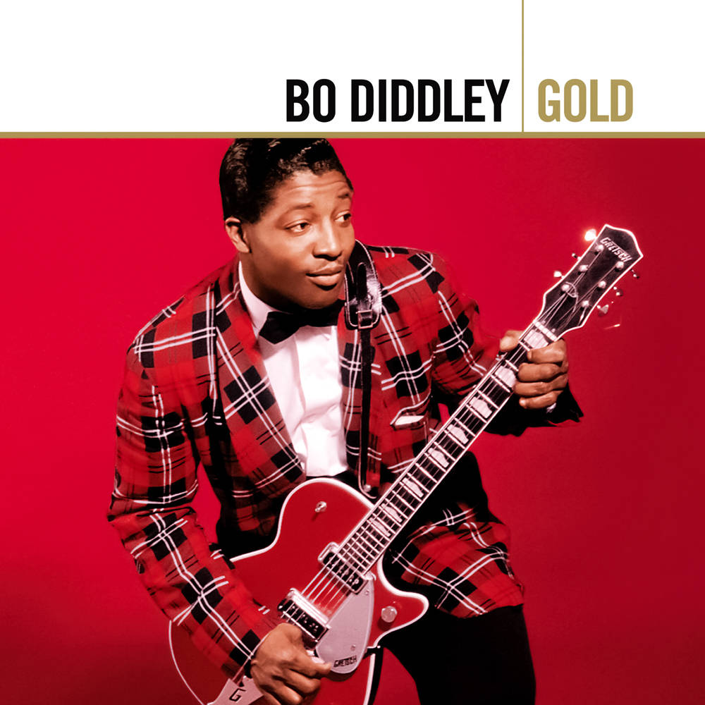 吉他動圖 桌布 壁紙 — Bo Diddley 身穿紅色格紋西裝，在帶有金色文字的醒目紅色背景前彈奏紅色電吉他。