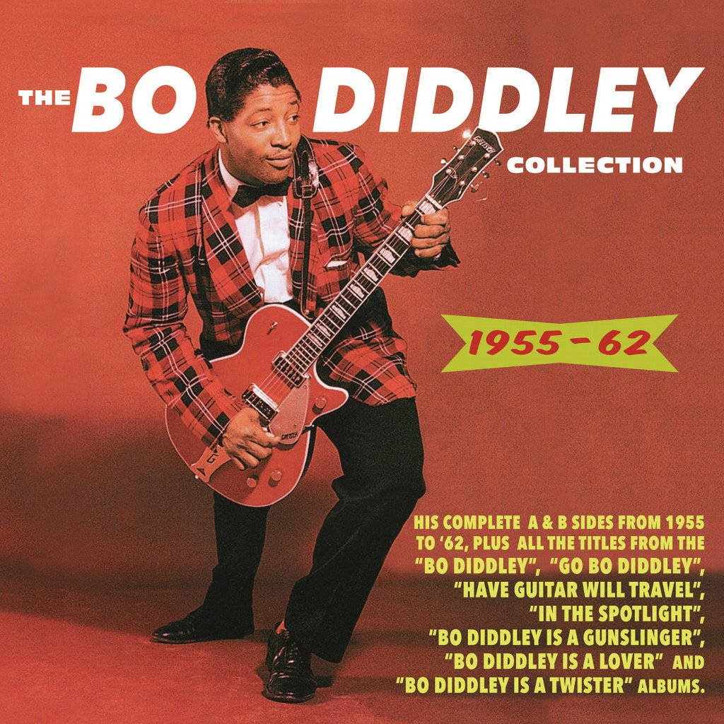 Album Cover 桌布 壁紙 — Bo Diddley 身穿紅色格紋西裝，在純紅色背景前彈奏紅色電吉他，並帶有專輯文字疊加。