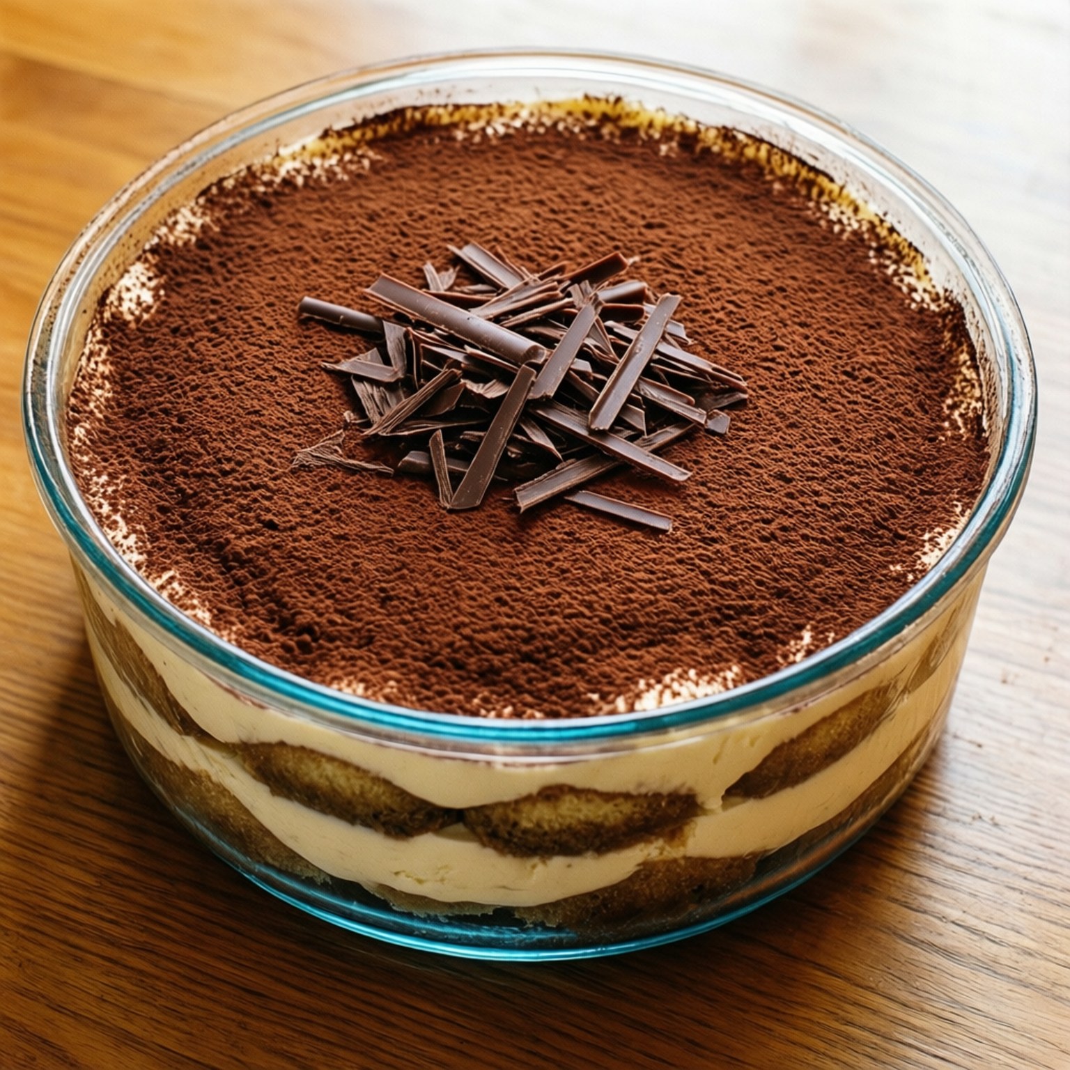Tiramisu 桌布 壁紙 — 一個玻璃碗盛載著分層的提拉米蘇，上面撒上可可粉和巧克力碎，放在木桌上。