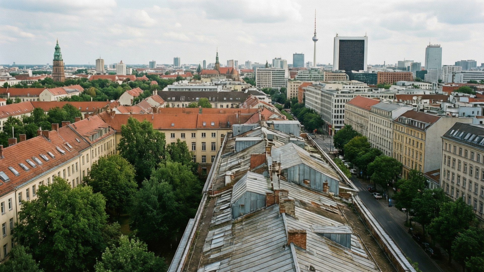 Berlin Rooftop View 壁紙 — 柏林屋頂的鳥瞰圖，有紅色瓦片、綠色樹木和現代天際線，包括電視塔，在陰天天空下