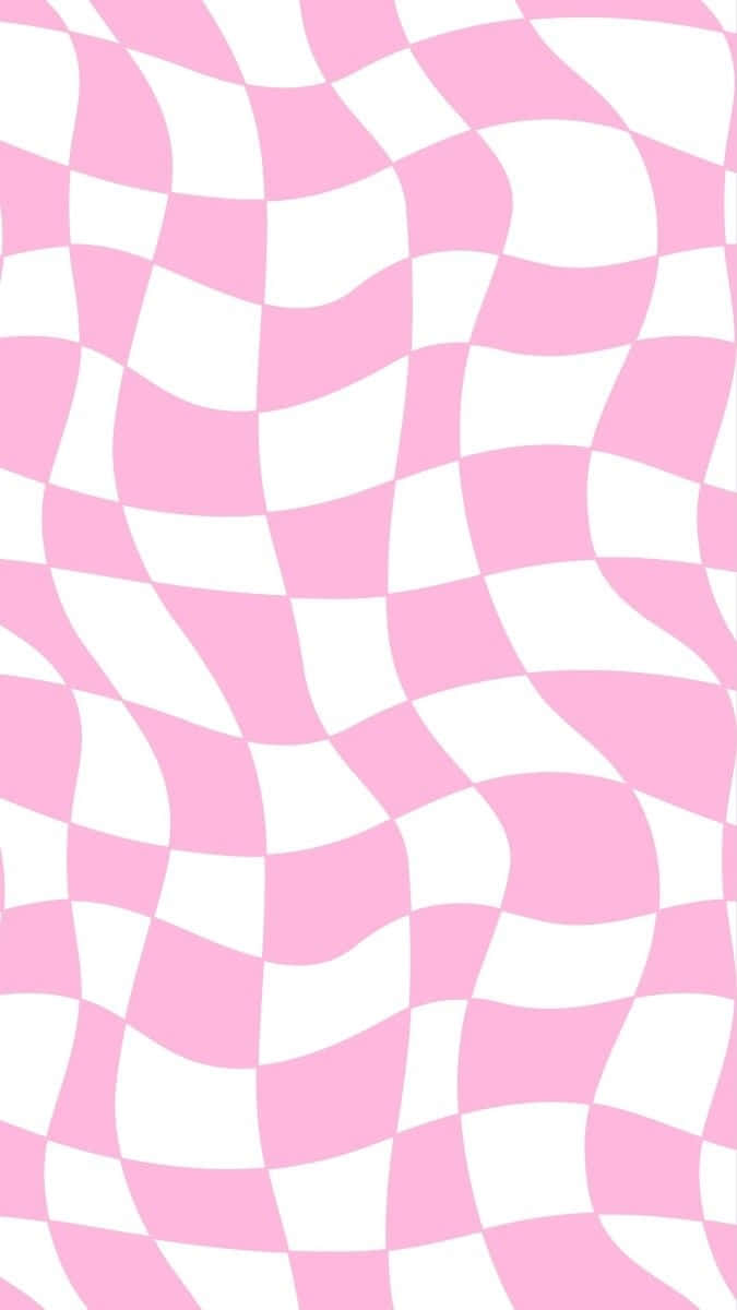 Checkered Aesthetic 桌布 壁紙 — 波浪形粉紅和白色棋盤格圖案在整個畫面中營造出俏皮的錯覺效果。