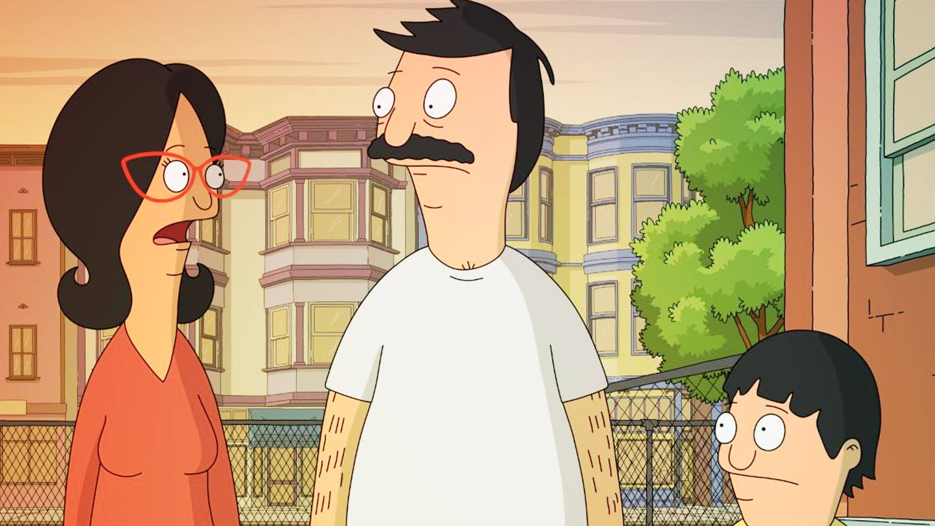 動畫 桌布 壁紙 — Bob Belcher 和他的家人站在郊區街道上，面對色彩繽紛的維多利亞式房屋，表情驚訝。