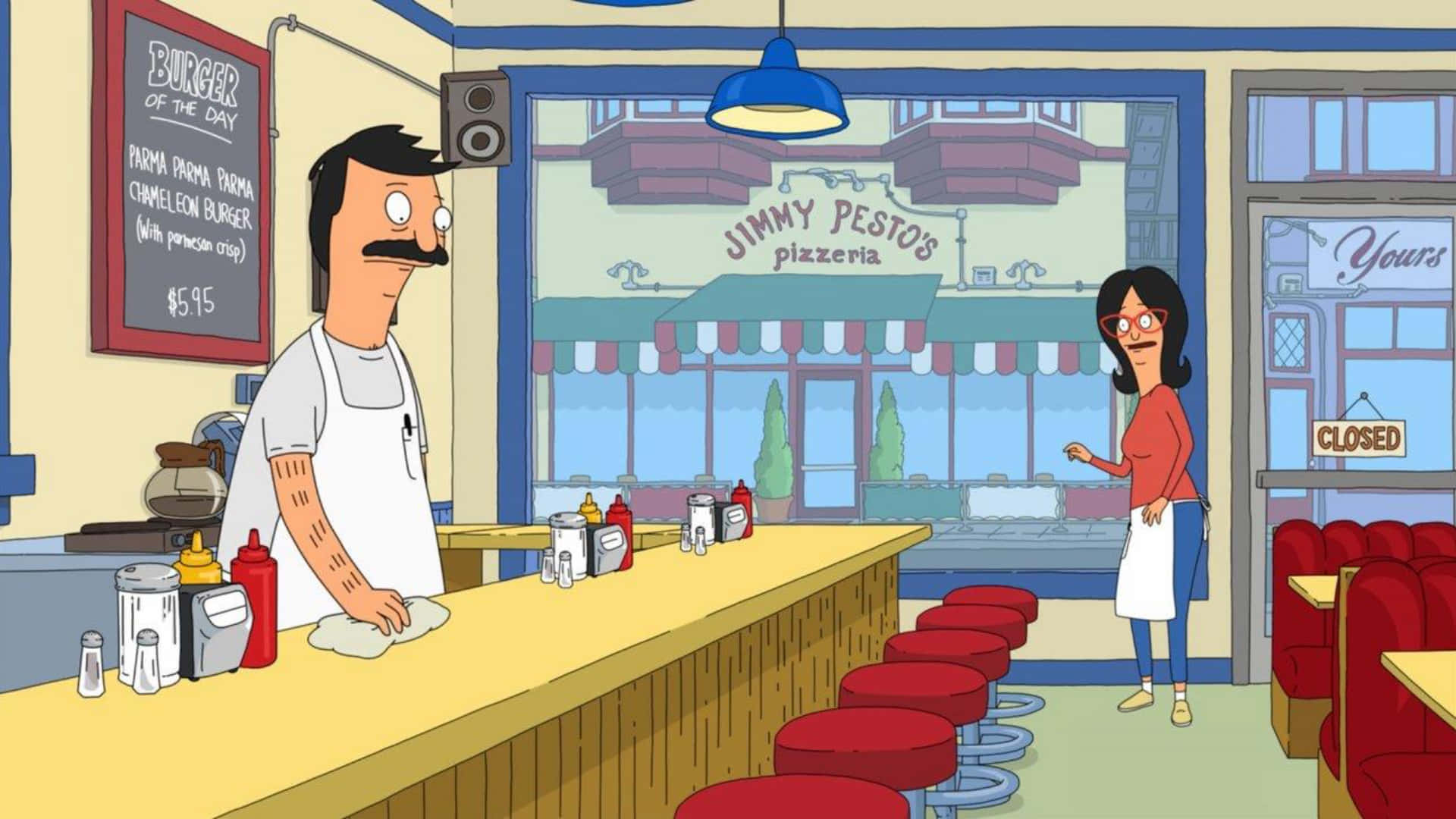 Cartoon 桌布 壁紙 — Bob Belcher 在他的漢堡店擦拭櫃檯，而 Linda 穿著紅色襯衫和白色圍裙站在附近。