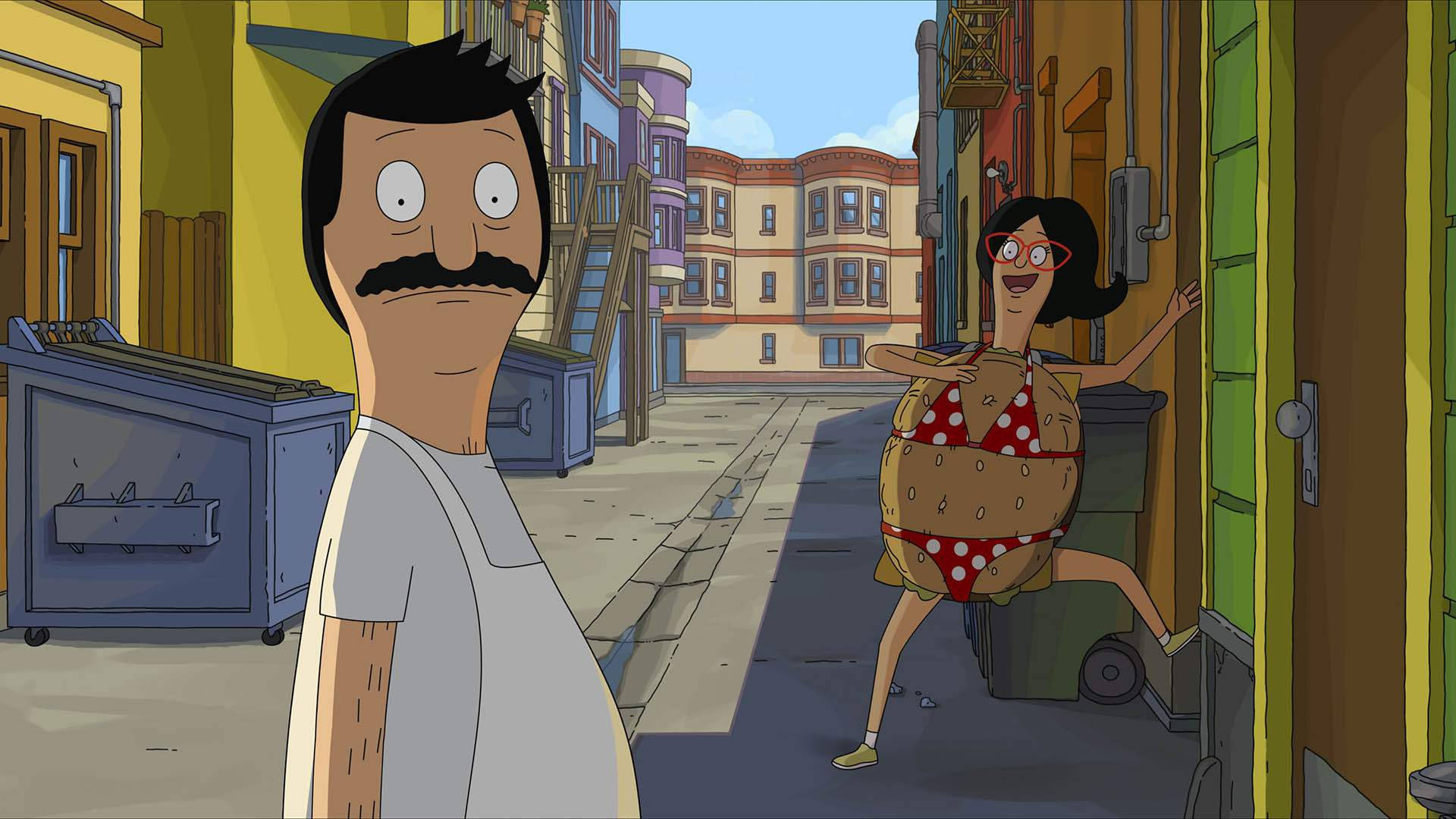 Cartoon Characters 桌布 壁紙 — Bob Belcher 站在一條陽光明媚的小巷中，他的妻子Linda穿著一個巨大的漢堡服裝衝出門外。