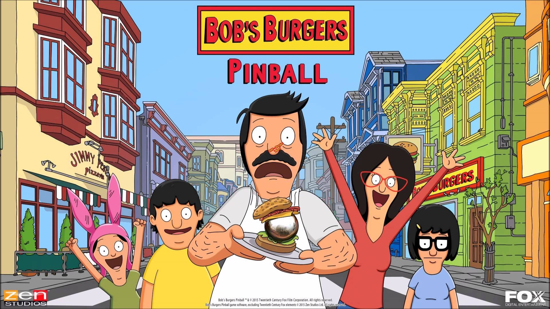 Family 桌布 壁紙 — Bob Belcher 自豪地在一條街上展示一個巨型漢堡，身後有他的家人和色彩繽紛的建築物。