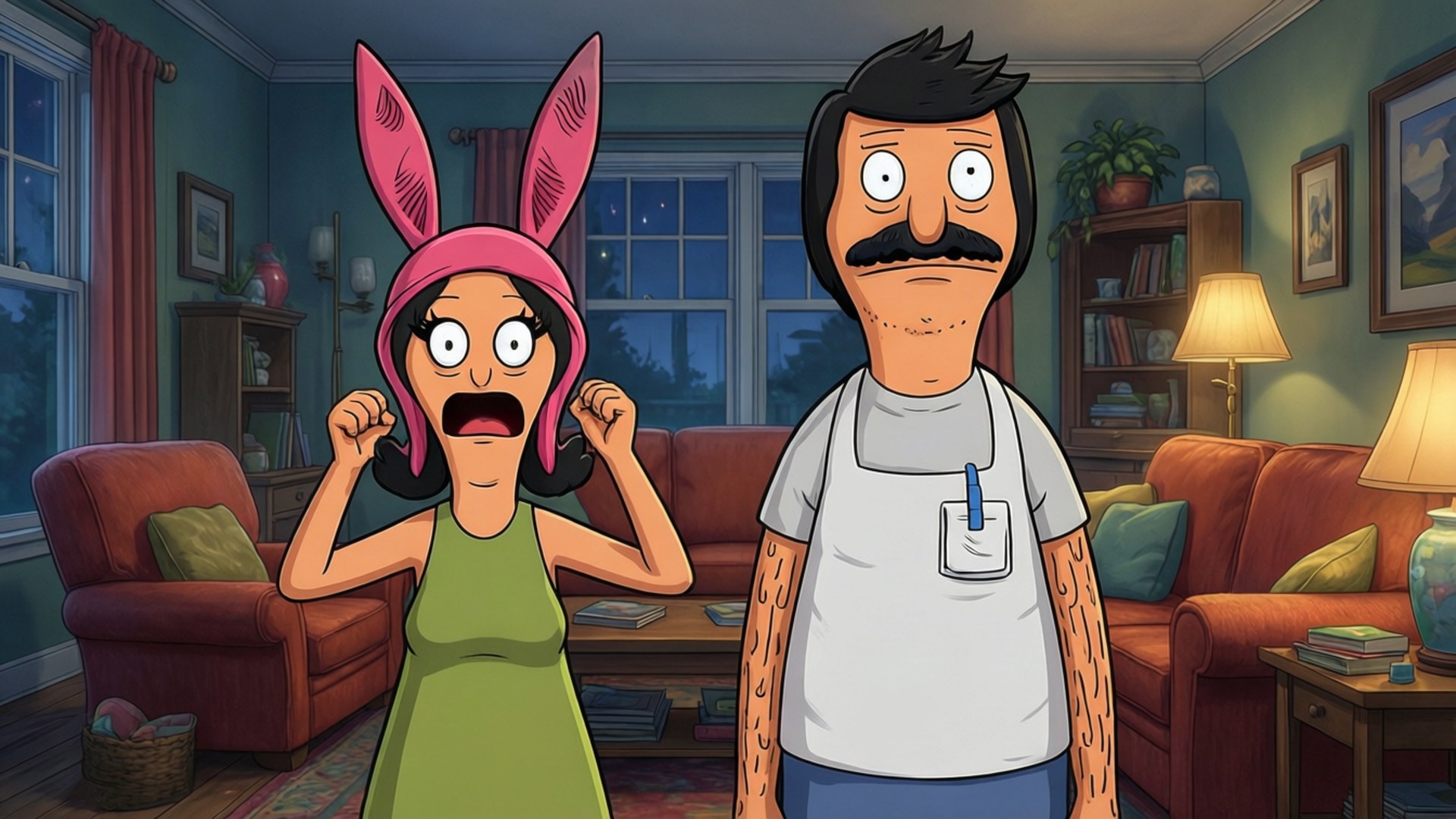桌布 壁紙 — Bob 和 Louise Belcher 晚上站在客廳，表情震驚，Louise 戴著粉紅色兔耳。