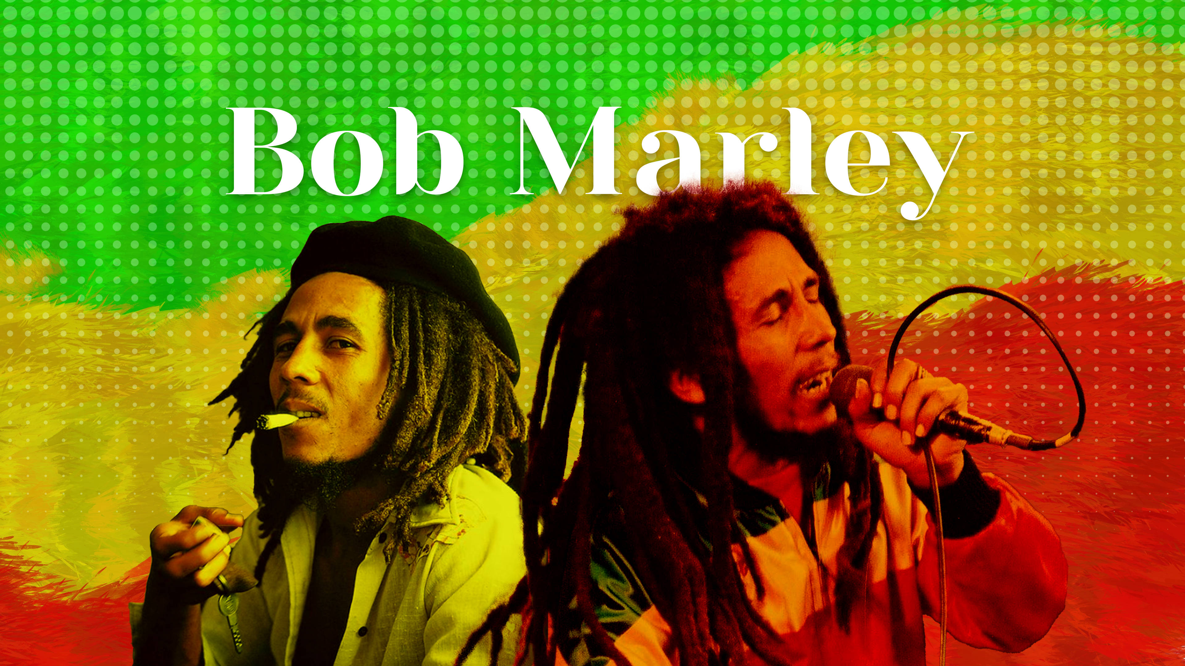 Bob Marley 桌布 壁紙 — Bob Marley 以充滿活力的雷鬼色彩描繪，手持麥克風並吸食大麻煙，背景為半色調。