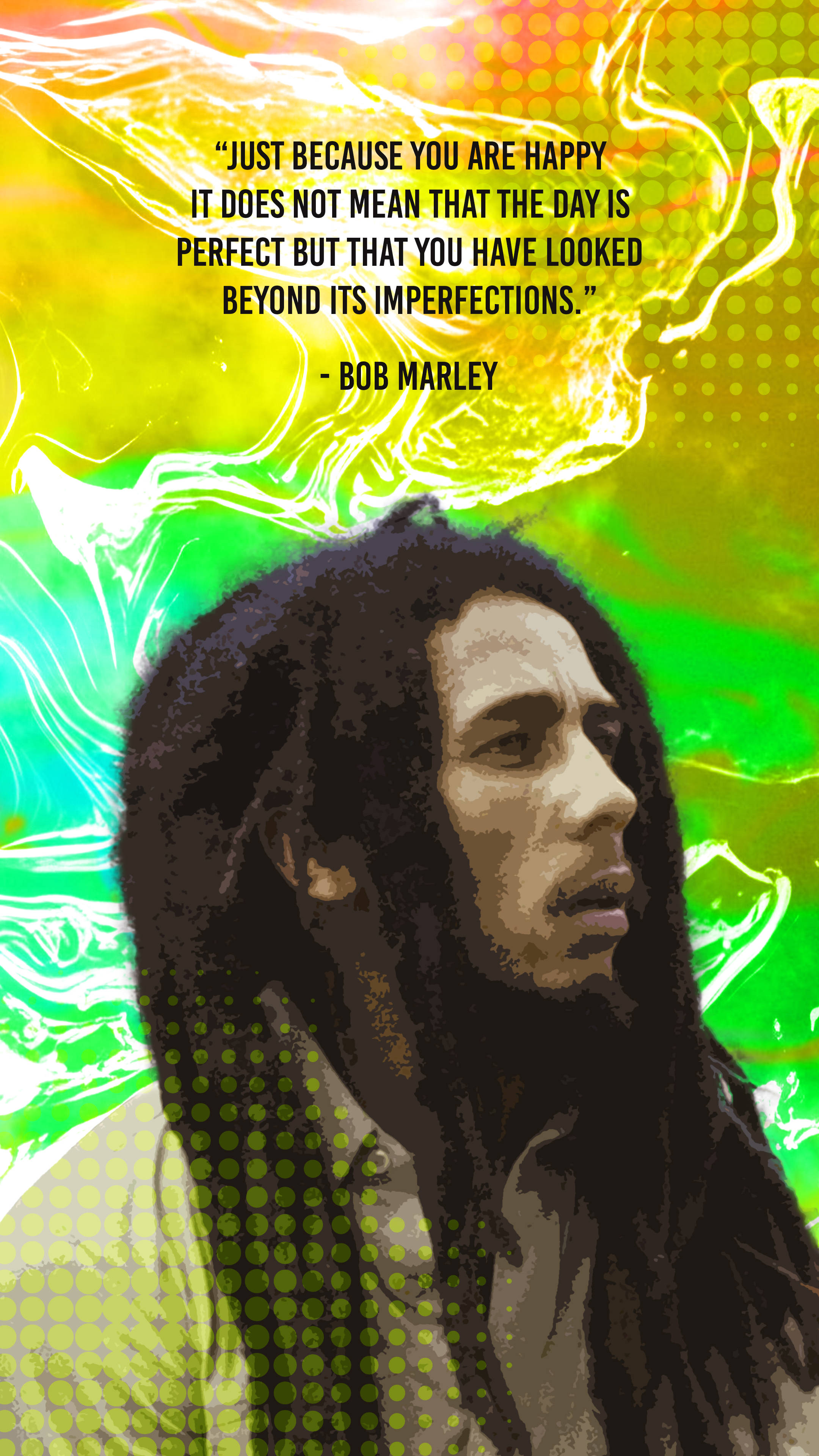 Bob Marley 桌布 壁紙 — Bob Marley 側面像，背景是充滿活力的迷幻風格，有旋轉的霓虹色和半色調點。