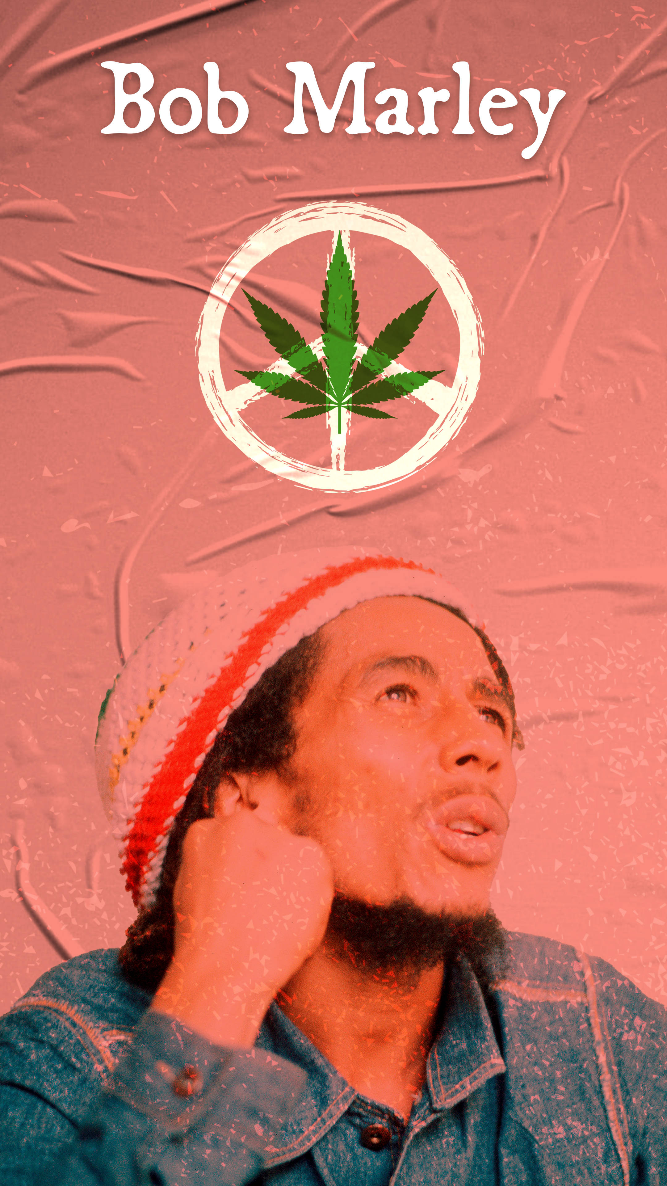 Bob Marley 桌布 壁紙 — Bob Marley 向上凝視，上方有和平標誌和大麻葉，背景為紋理粉紅色。