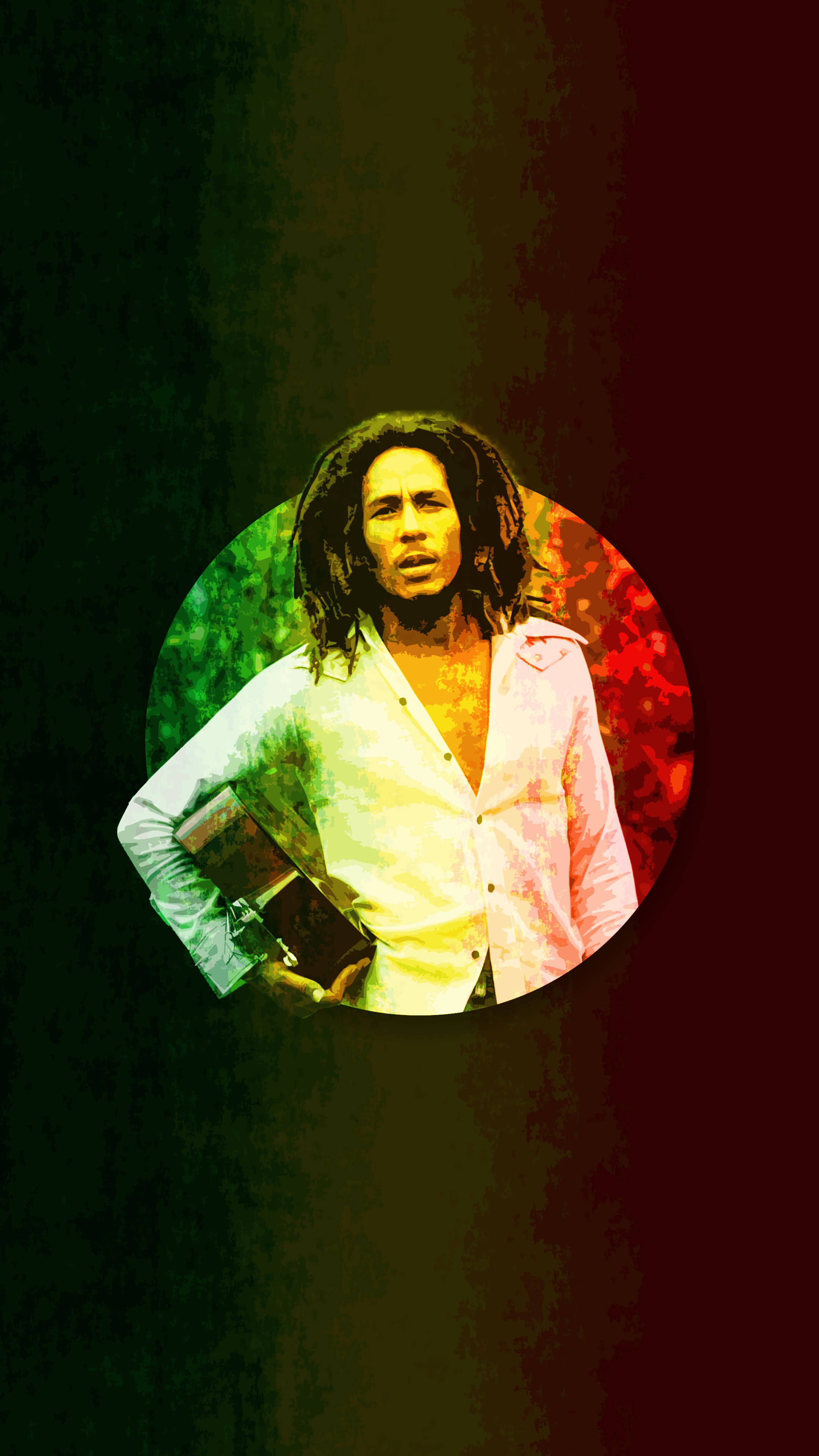 Bob Marley 桌布 壁紙 — Bob Marley 在圓形框架中，手持吉他，背景是充滿活力的綠色、紅色和黃色漸變。