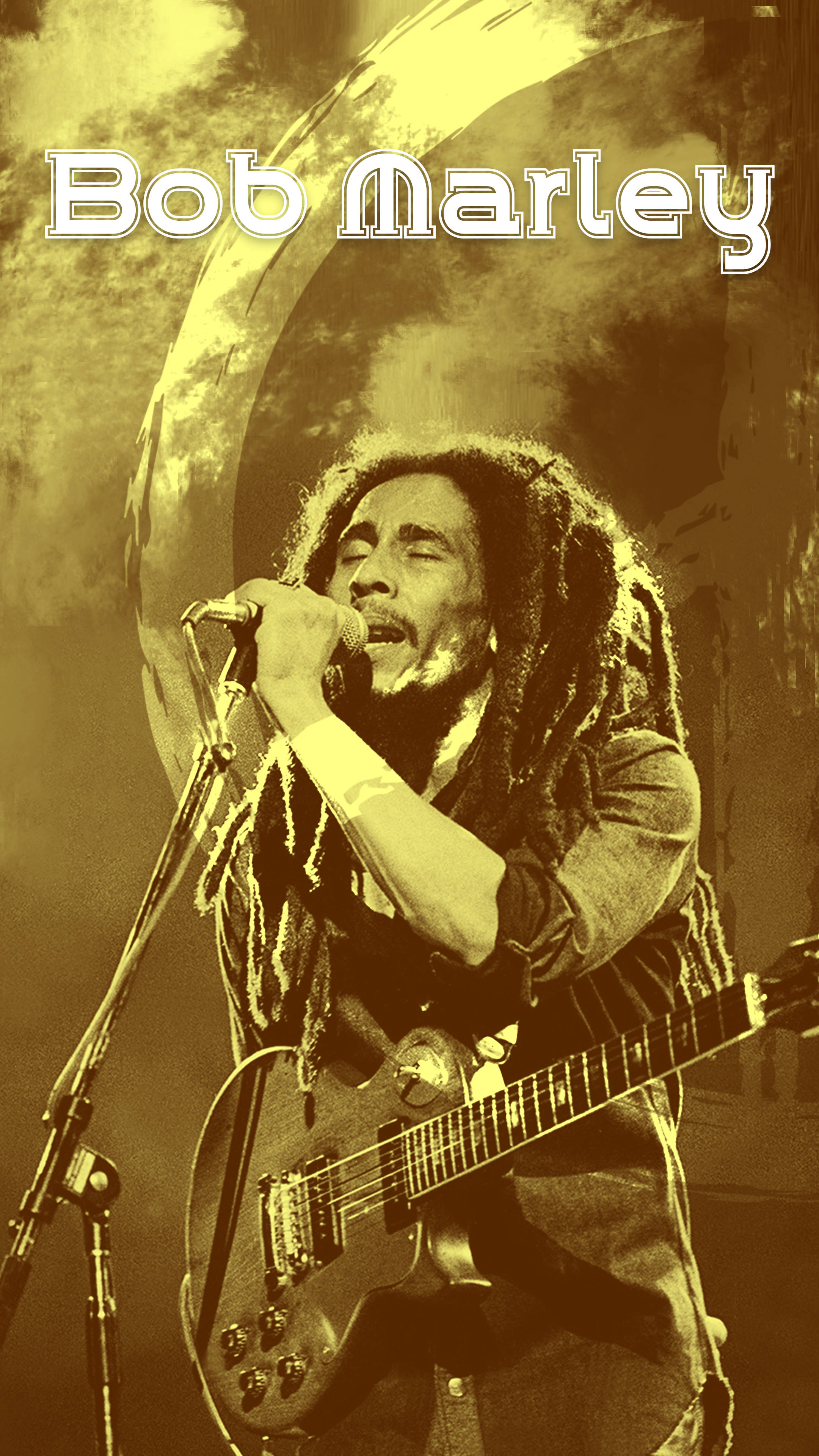 Bob Marley 桌布 壁紙 — Bob Marley 在溫暖的舞台燈光下，熱情地對著麥克風唱歌，同時拿著吉他。