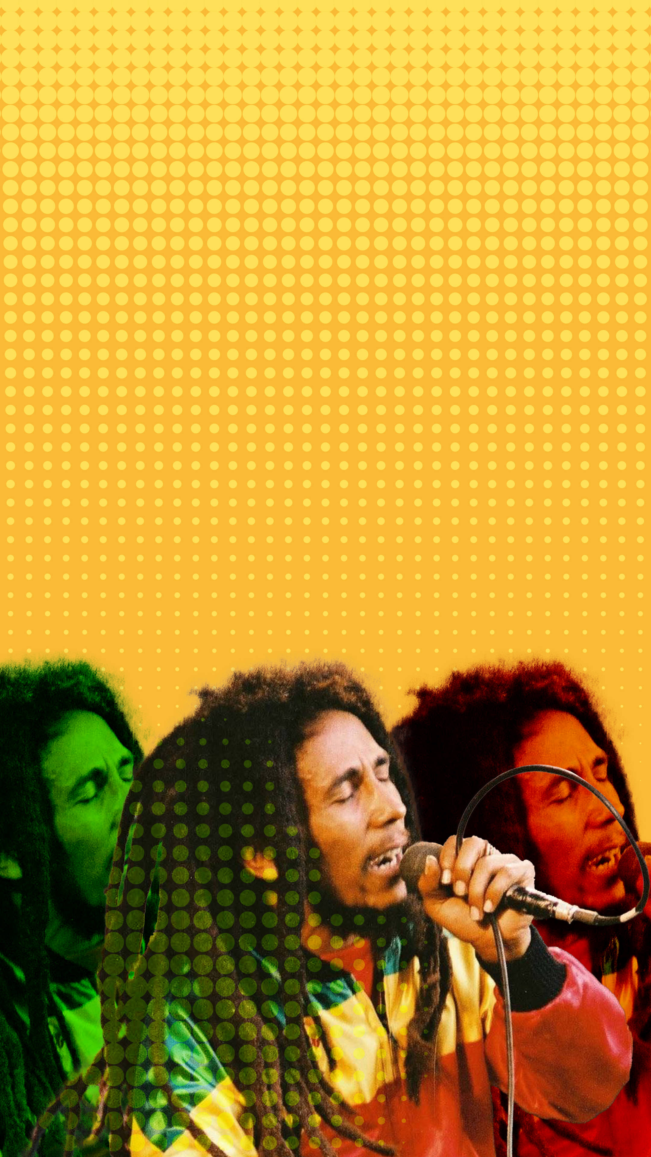 Bob Marley 桌布 壁紙 — Bob Marley 對著麥克風充滿激情地唱歌，背景是充滿活力的黃色半色調，帶有綠色和紅色的點綴。