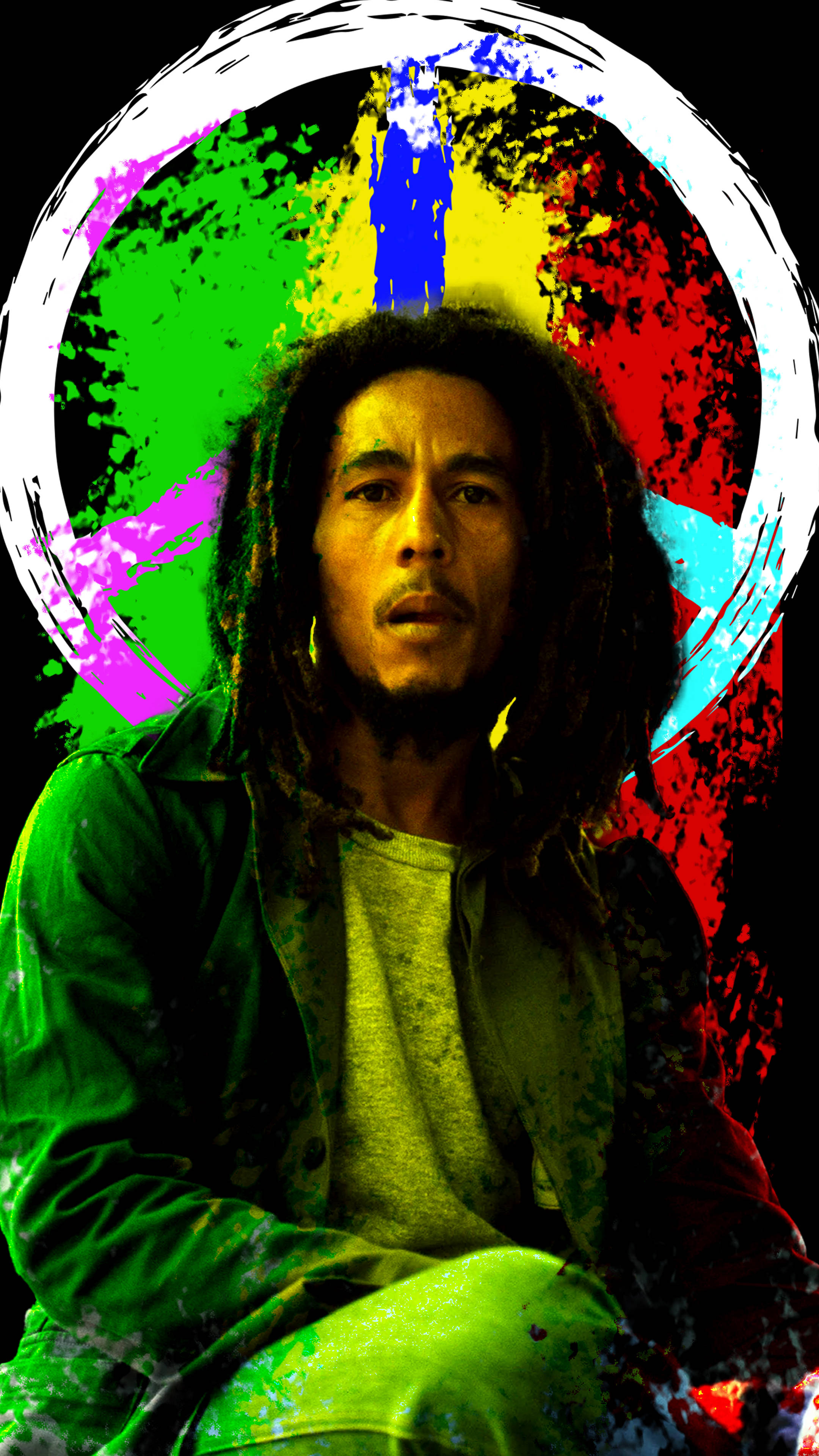 Bob Marley 桌布 壁紙 — Bob Marley 平靜地坐在充滿活力的潑濺和平標誌背景前，帶有鮮豔的彩虹色。