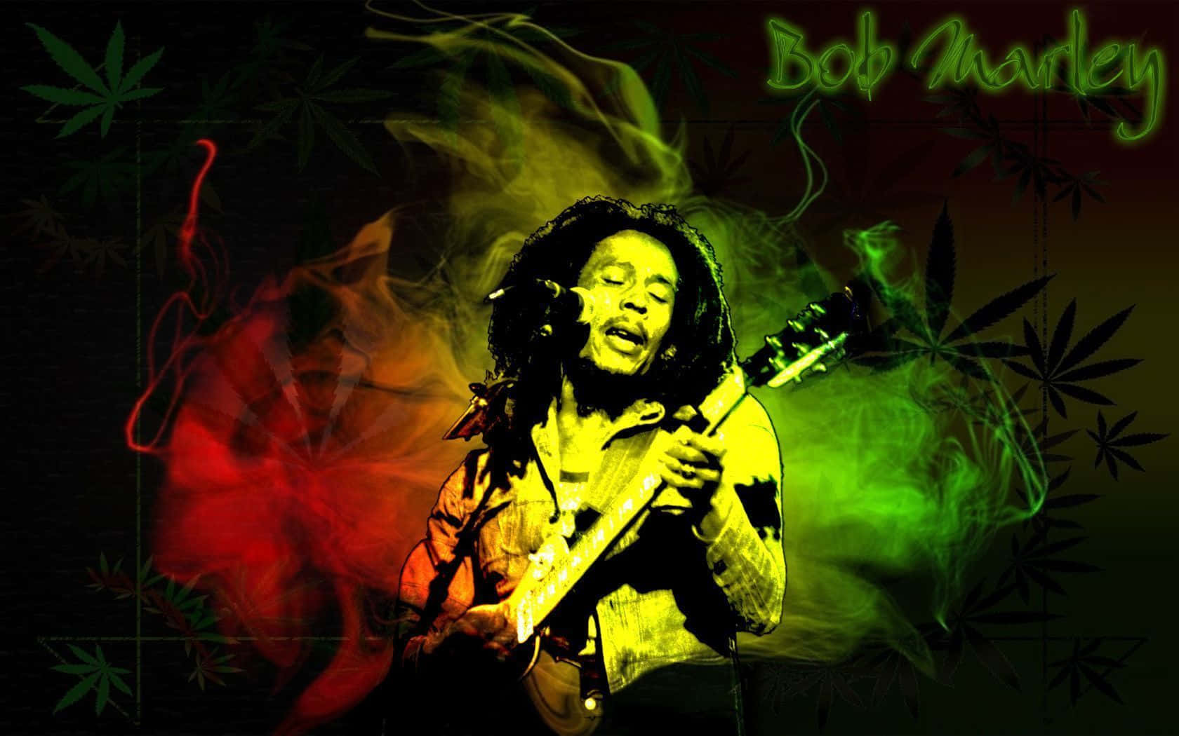桌布 壁紙 — Bob Marley 彈吉他，周圍環繞著鮮豔的紅綠色煙霧和大麻葉，以風格化的數位藝術作品呈現。