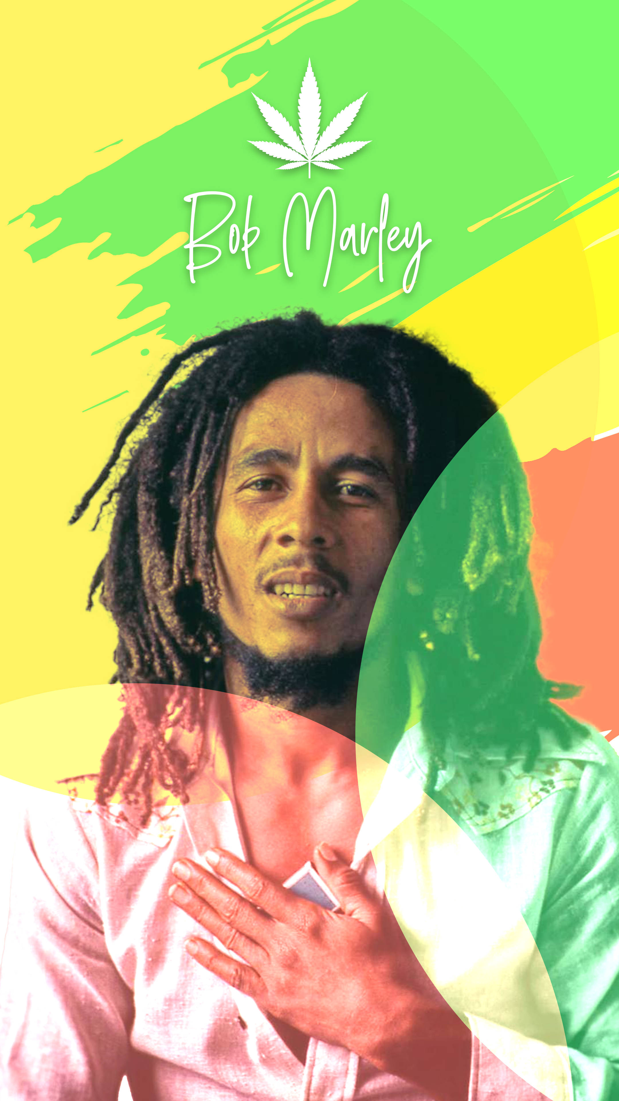 Bob Marley 桌布 壁紙 — Bob Marley 留著雷鬼辮，手放在胸前，背景是充滿活力的黃、綠、紅抽象圖案，並有大麻葉標誌。