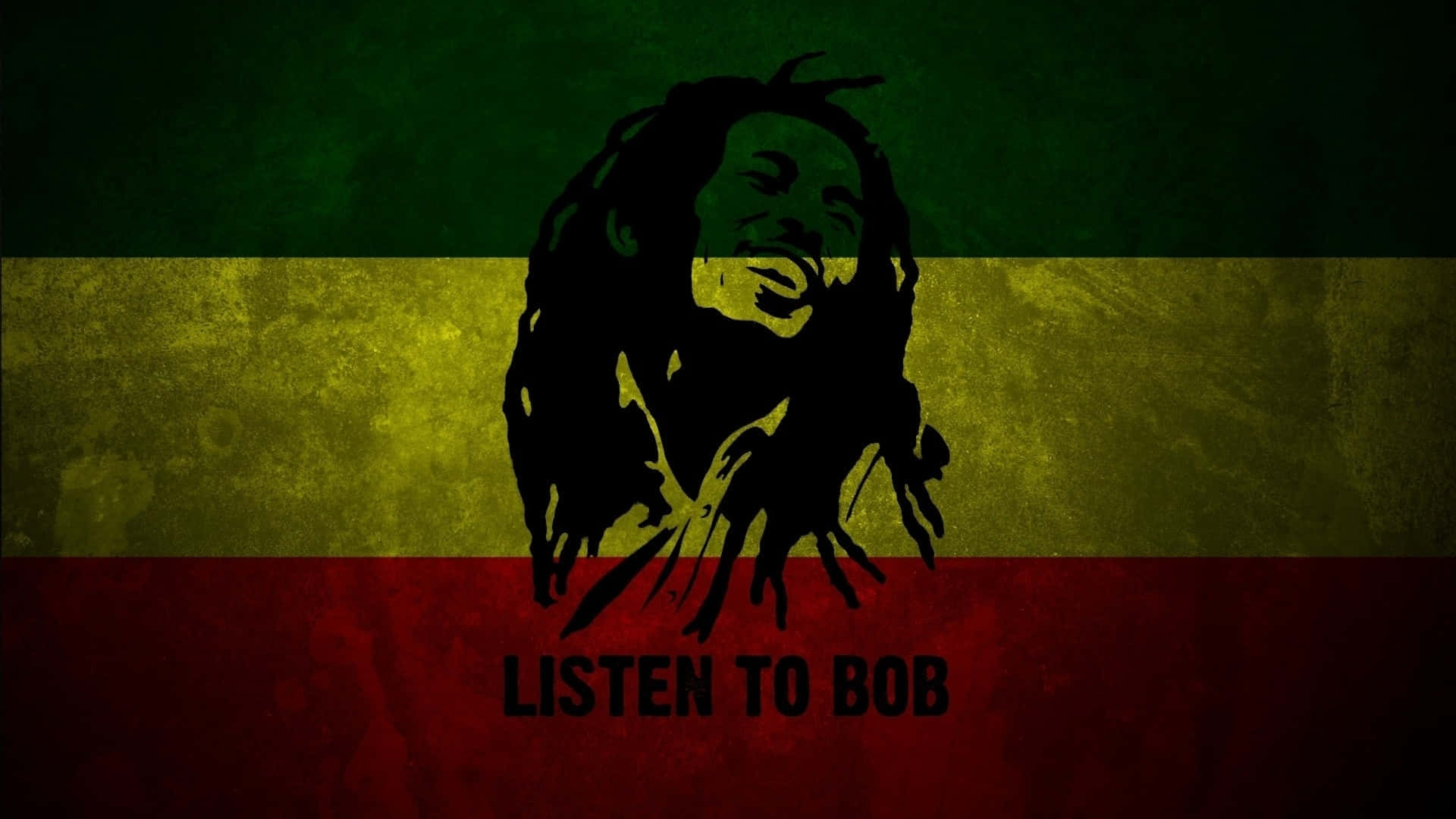 Jamaica 桌布 壁紙 — Bob Marley 的剪影，在有紋理的拉斯特法里旗前面微笑，下方有粗體文字。