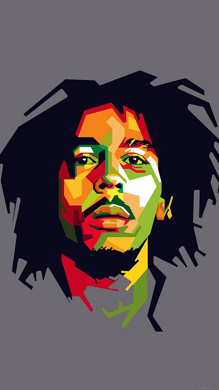 vector 桌布 壁紙 — Bob Marley 的鮮明幾何肖像，以灰背景襯托大膽的紅、綠、黃色。
