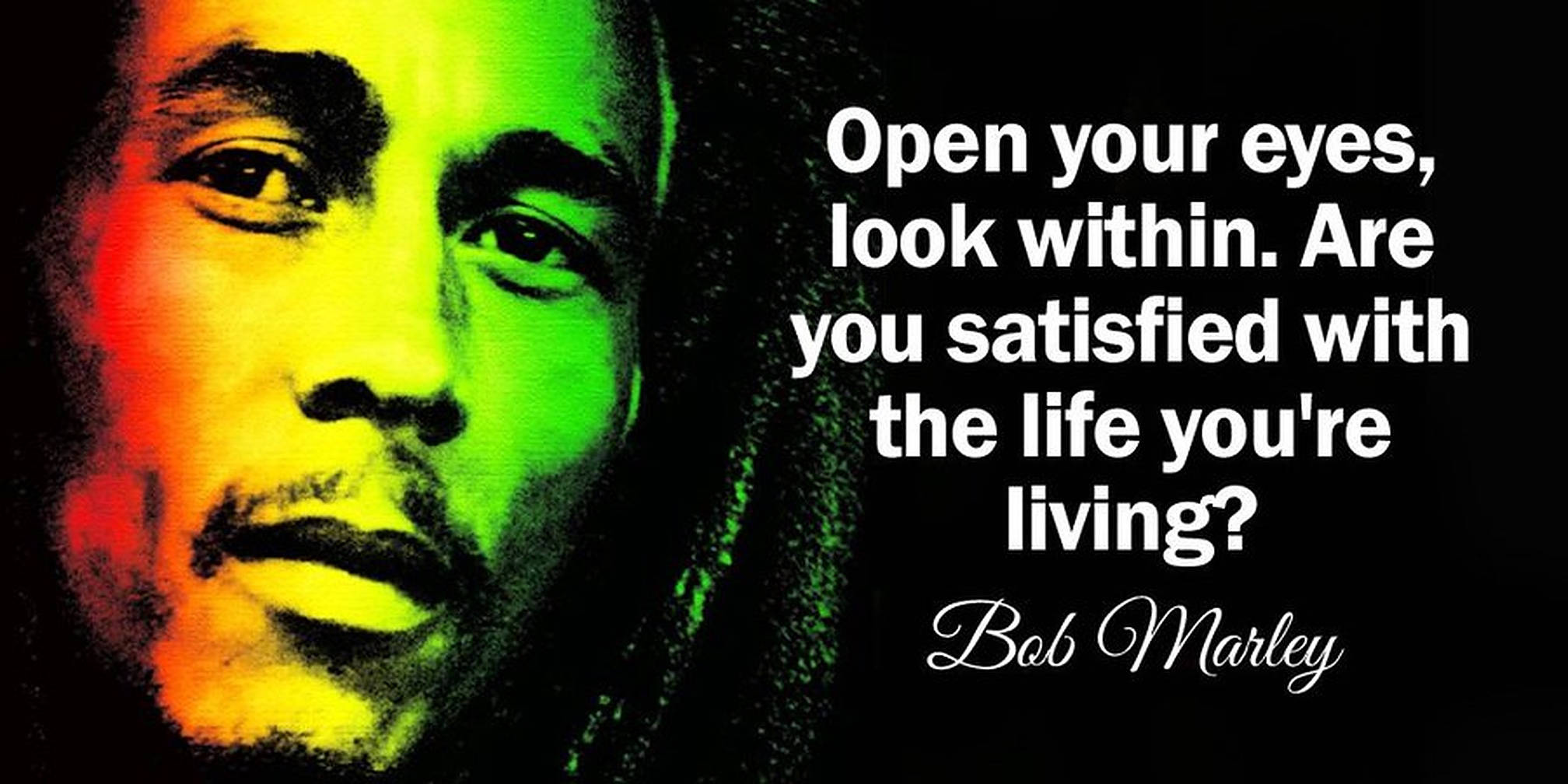 bob 桌布 壁紙 — Bob Marley 的鮮明肖像，帶有紅、綠、黃漸變燈光，並在黑色背景上疊加勵志名言。