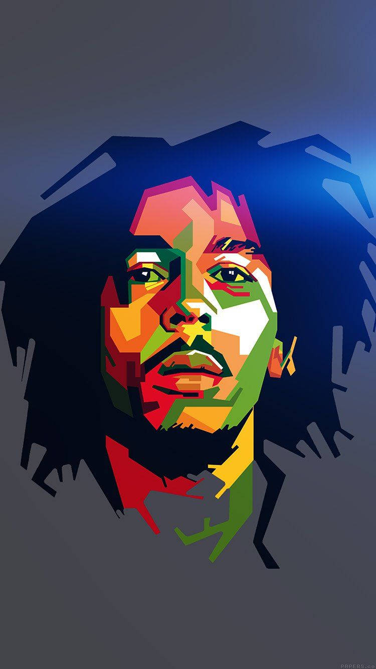 pop 桌布 壁紙 — Bob Marley 的鮮豔幾何肖像，帶有色彩繽紛的角形切面，背景為深藍色漸變。